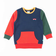 "Boys' Colorblock Car Sweatshirt – Navy Blue with Red Pocket & Multicolor Sleeves"
