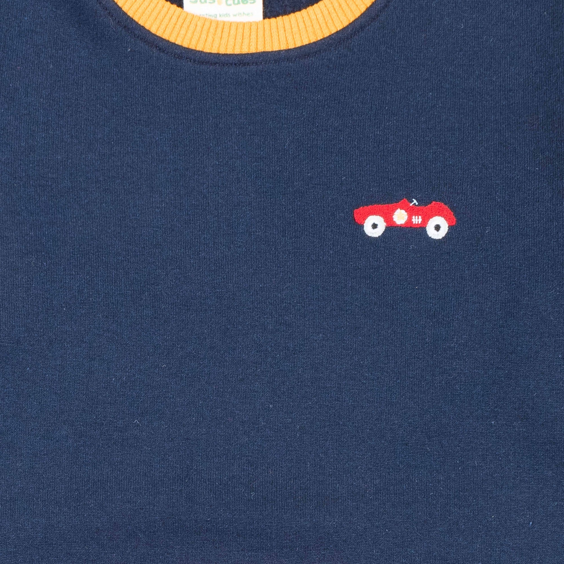 "Boys' Colorblock Car Sweatshirt – Navy Blue with Red Pocket & Multicolor Sleeves"