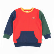 "Boys' Colorblock Car Sweatshirt – Navy Blue with Red Pocket & Multicolor Sleeves"