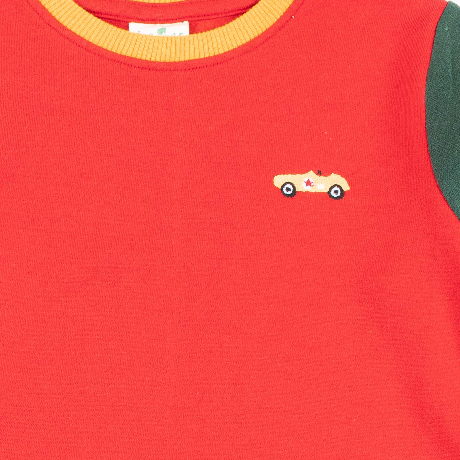 "Boys' Colorblock Car Sweatshirt – Navy Blue with Red Pocket & Multicolor Sleeves"