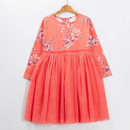 "Girls Coral Floral Print Party Dress with Soft Tulle Skirt"