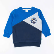 "Boys' Colorblock Sweatshirt – Space Expedition Patch Design (Blue/Navy/Grey/Red)"