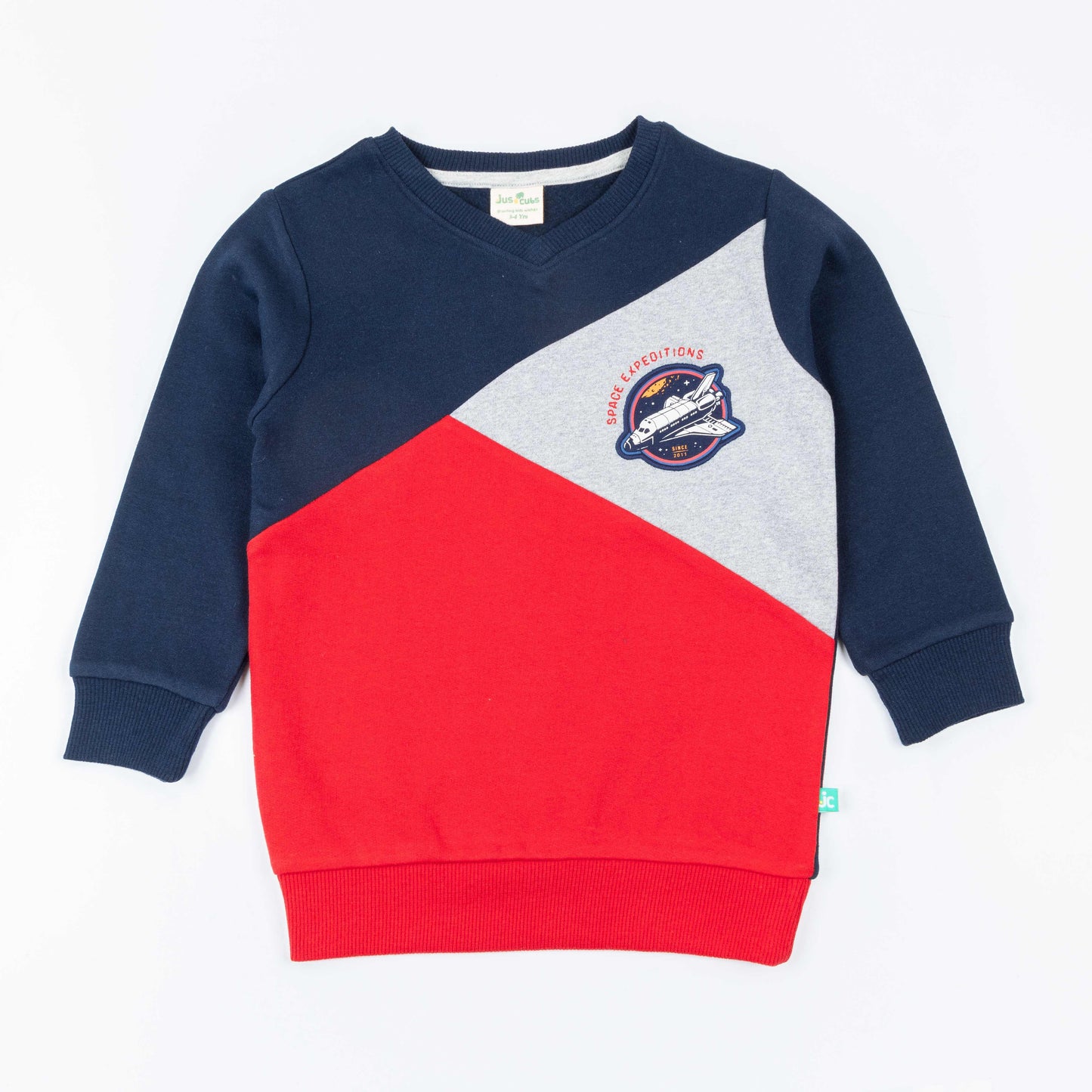 "Boys' Colorblock Sweatshirt – Space Expedition Patch Design (Blue/Navy/Grey/Red)"