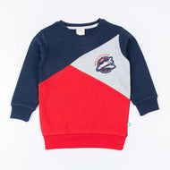 "Boys' Colorblock Sweatshirt – Space Expedition Patch Design (Blue/Navy/Grey/Red)"