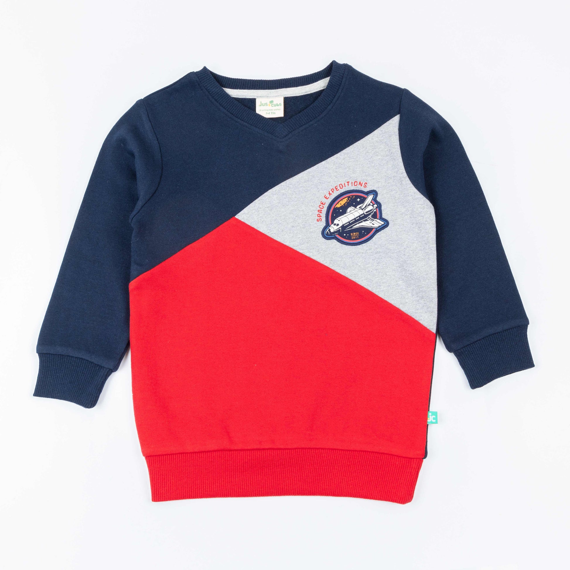 "Boys' Colorblock Sweatshirt – Space Expedition Patch Design (Blue/Navy/Grey/Red)"