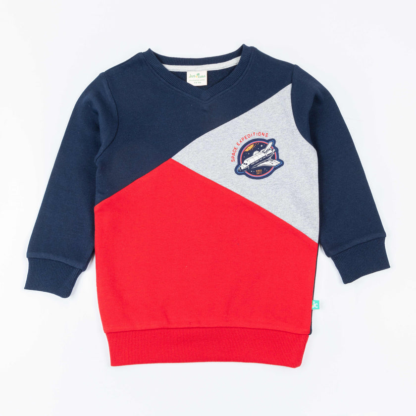 "Boys' Colorblock Sweatshirt – Space Expedition Patch Design (Blue/Navy/Grey/Red)"