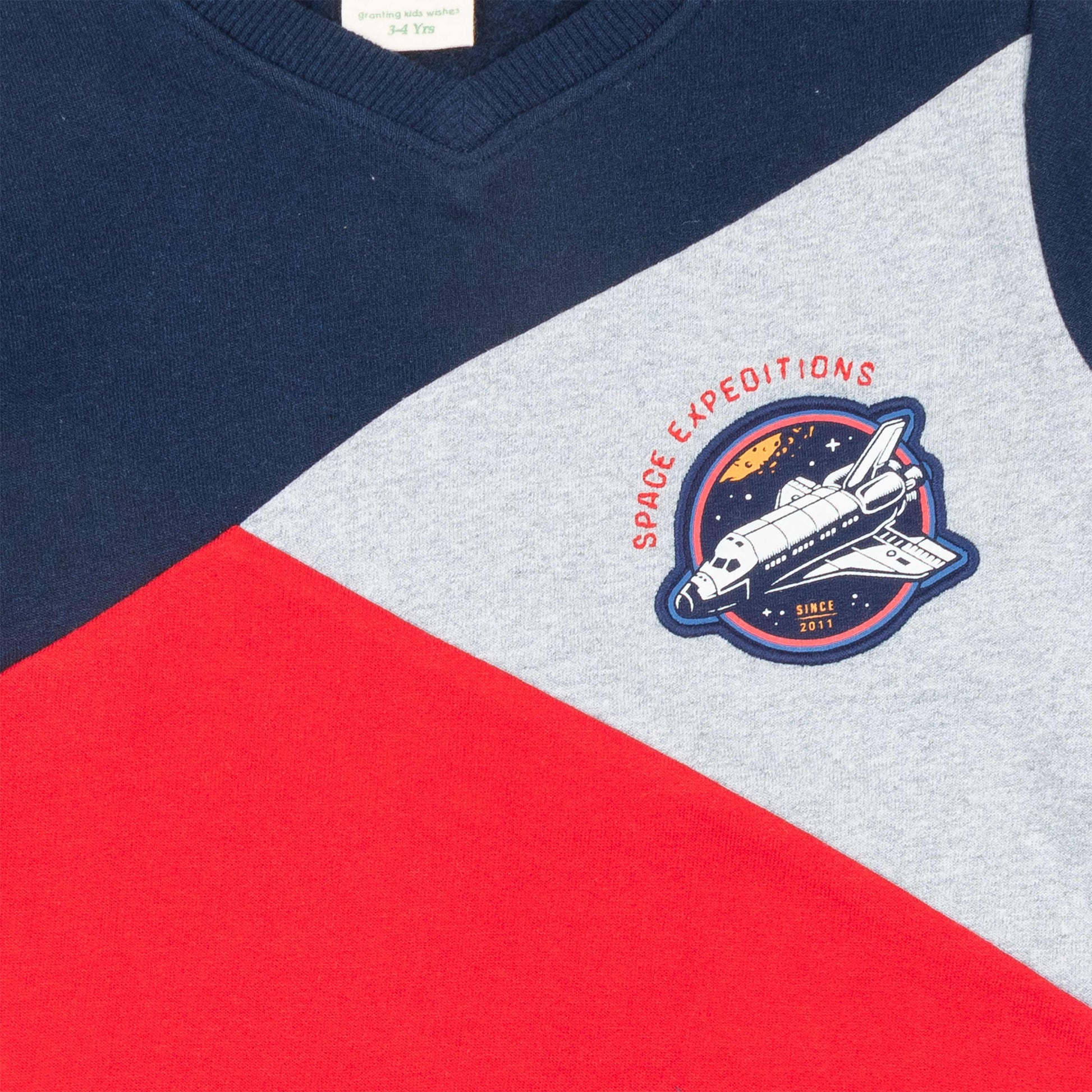 "Boys' Colorblock Sweatshirt – Space Expedition Patch Design (Blue/Navy/Grey/Red)"