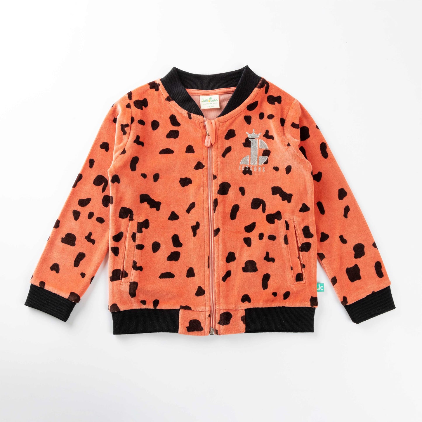 "Girls' Animal Print Zip-Up Jacket – Orange with Black Spots & Giraffe Patch"