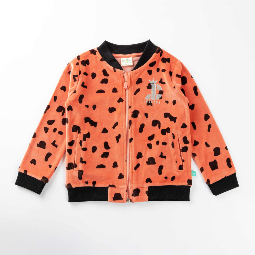 "Girls' Animal Print Zip-Up Jacket – Orange with Black Spots & Giraffe Patch"