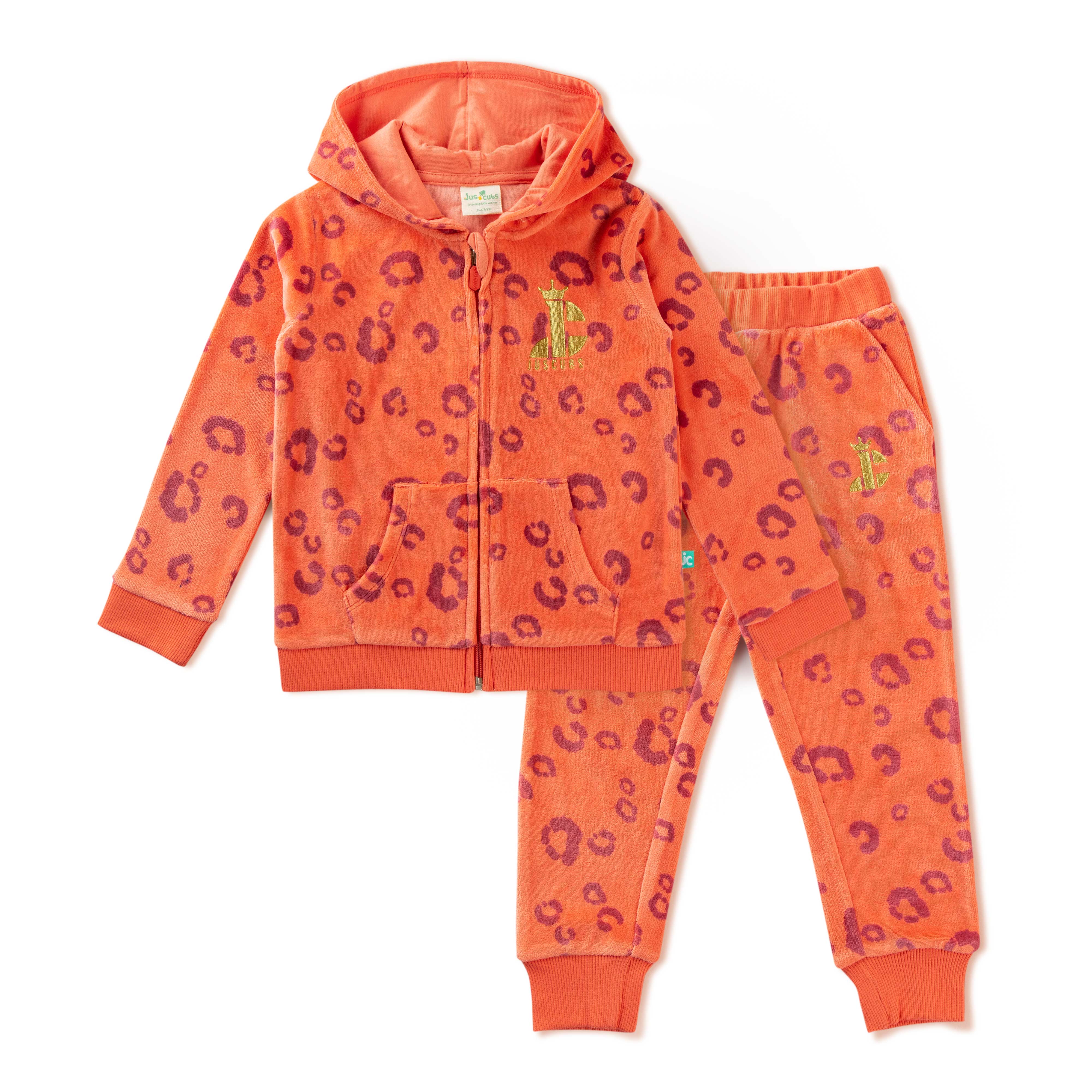 "Boys' Orange Leopard Hoodie & Jogger Set – Soft Velour with Giraffe Patch Accent"