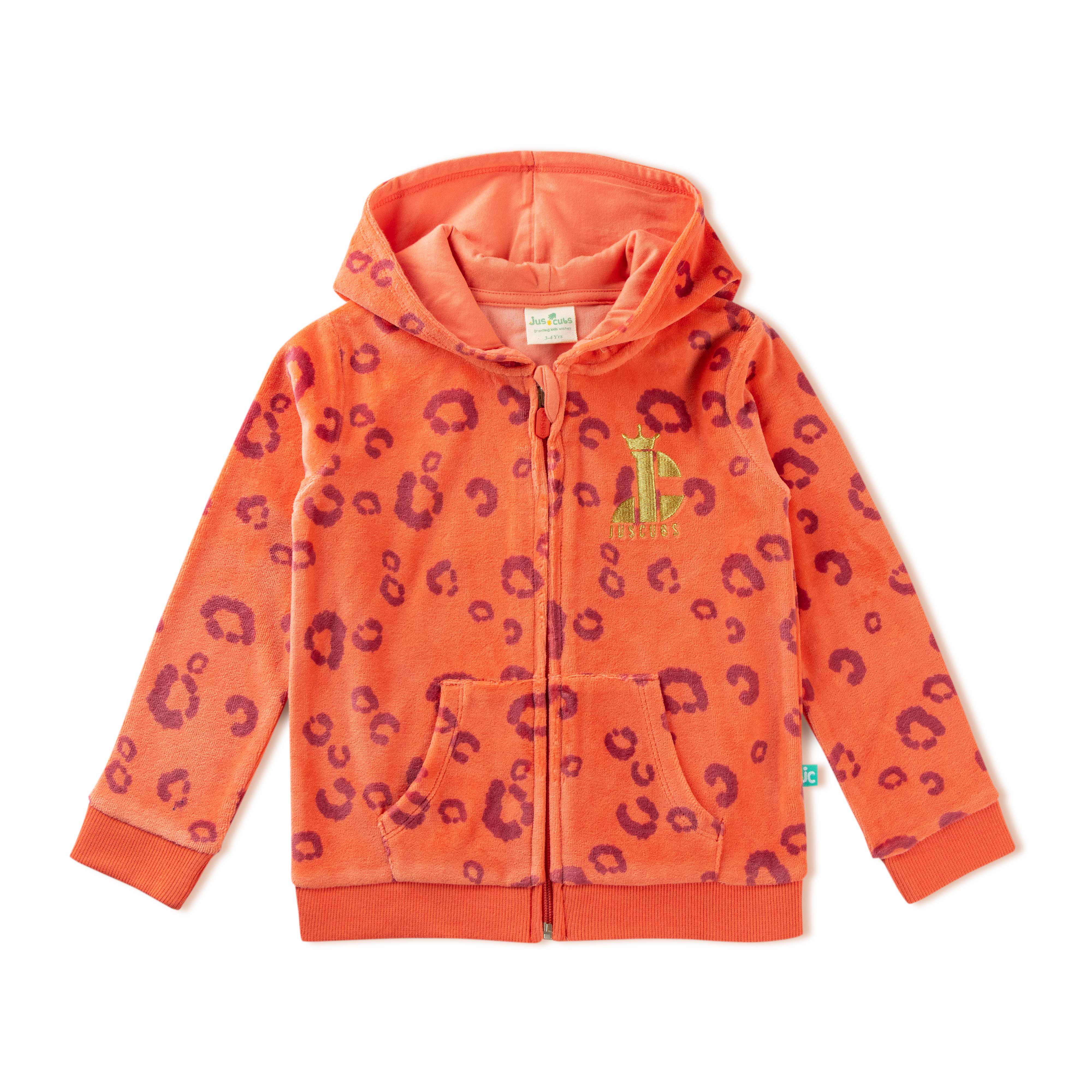 "Boys' Orange Leopard Hoodie & Jogger Set – Soft Velour with Giraffe Patch Accent"