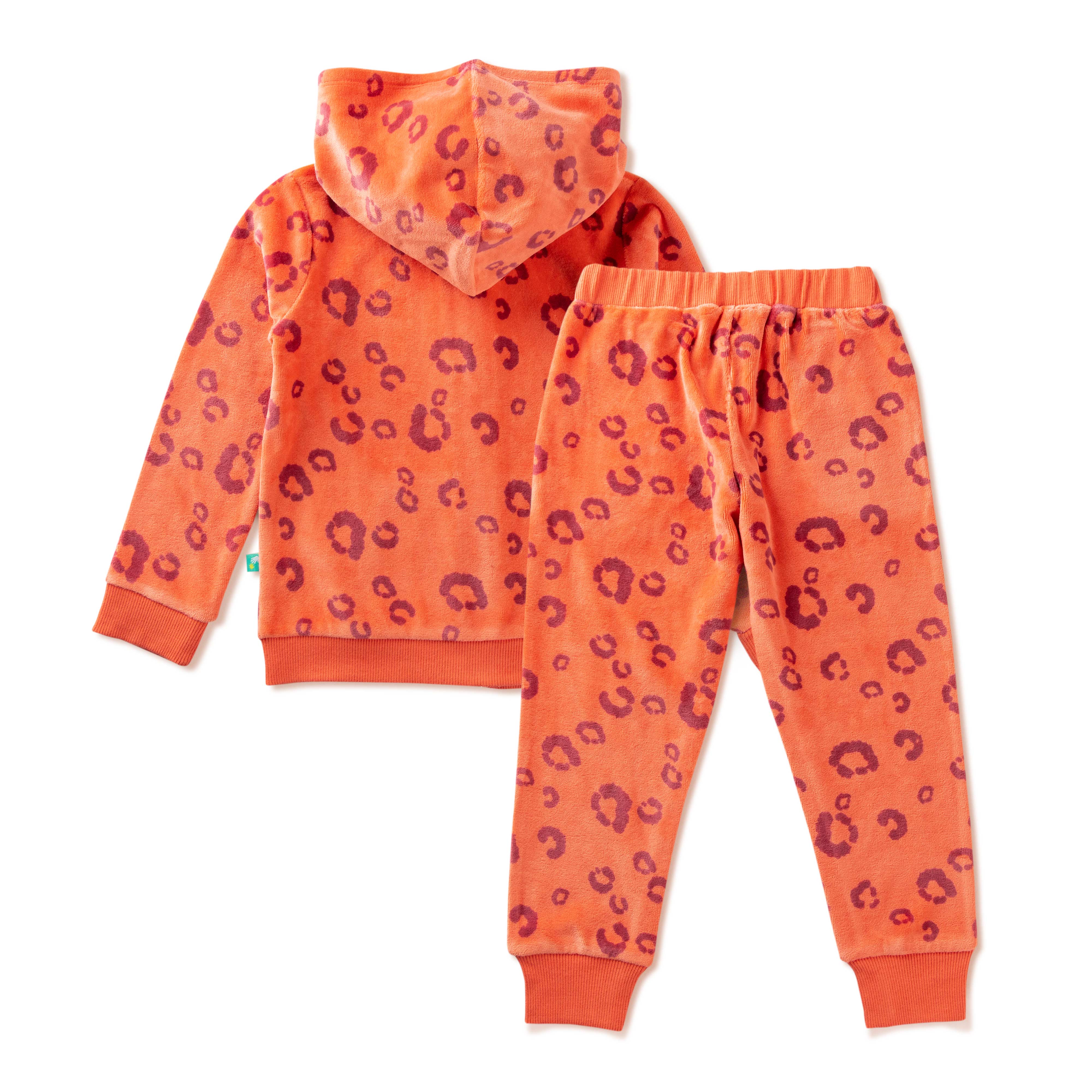 "Boys' Orange Leopard Hoodie & Jogger Set – Soft Velour with Giraffe Patch Accent"