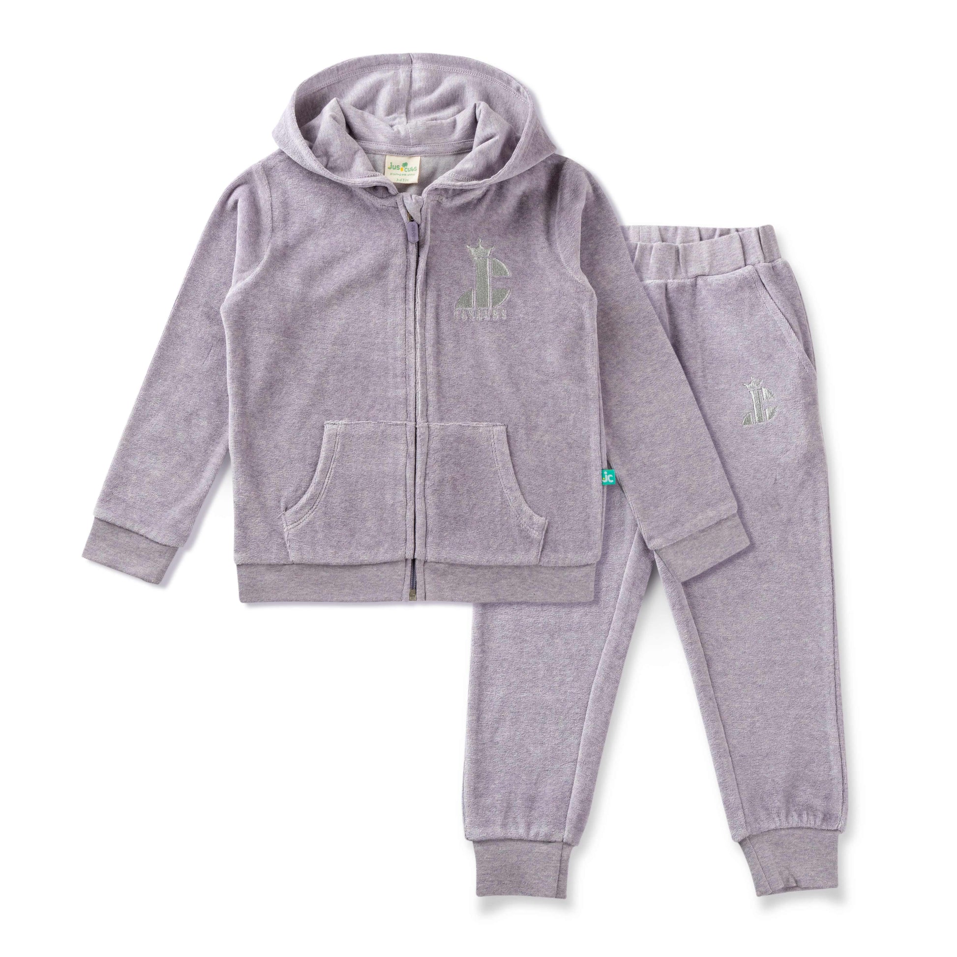 "Girls' Solid Grey Hoodie & Jogger Set – Soft Velour with Giraffe Patch Detail"