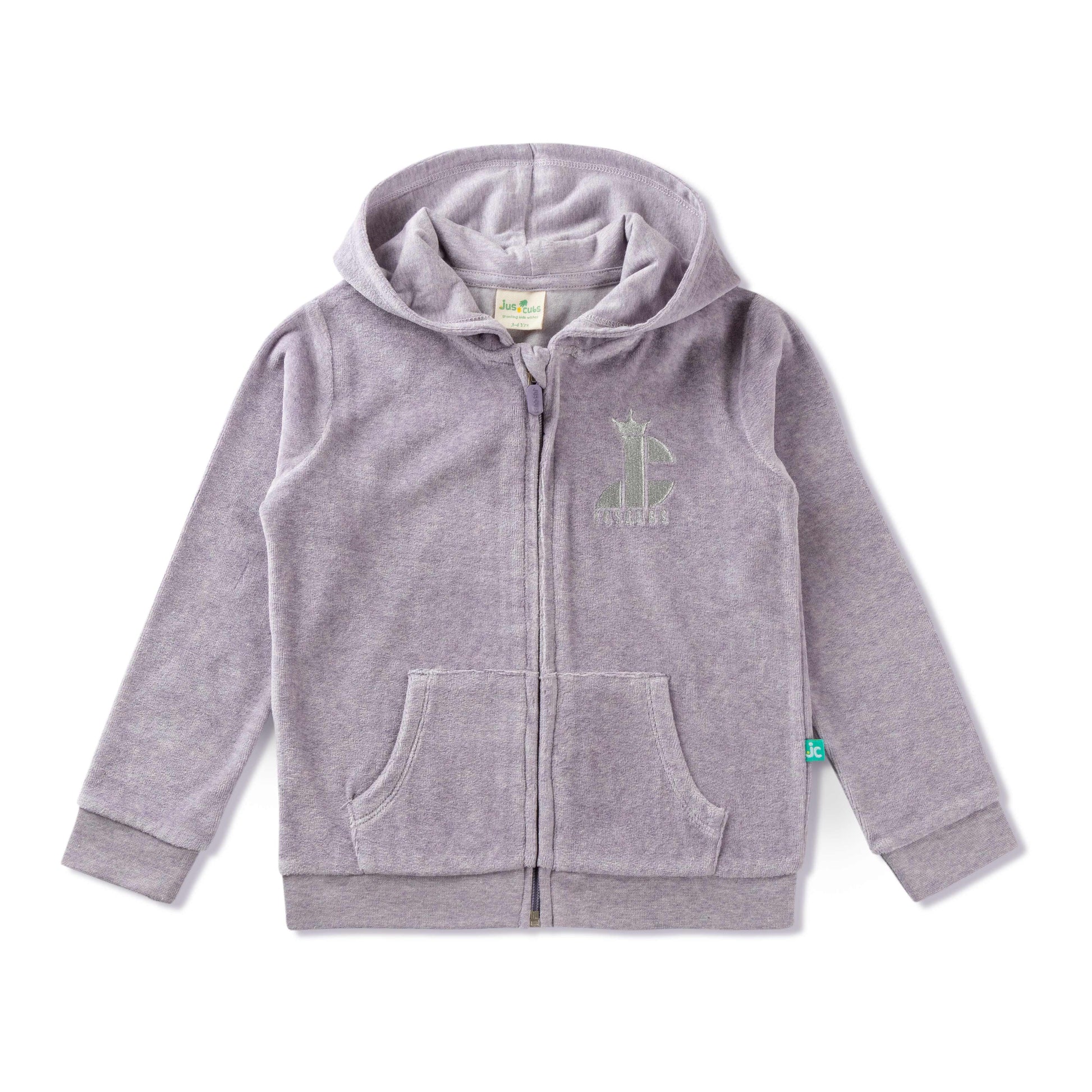 "Girls' Solid Grey Hoodie & Jogger Set – Soft Velour with Giraffe Patch Detail"