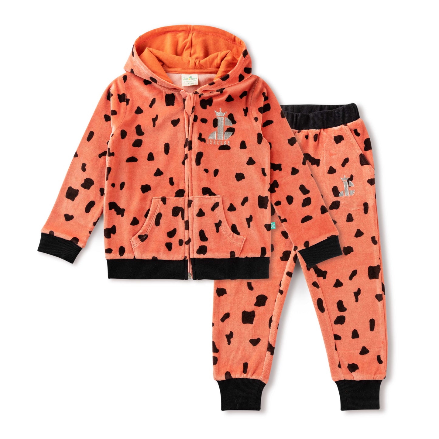 "Girls' Animal Print Hoodie & Jogger Set – Orange with Black Spots & Giraffe Patch"