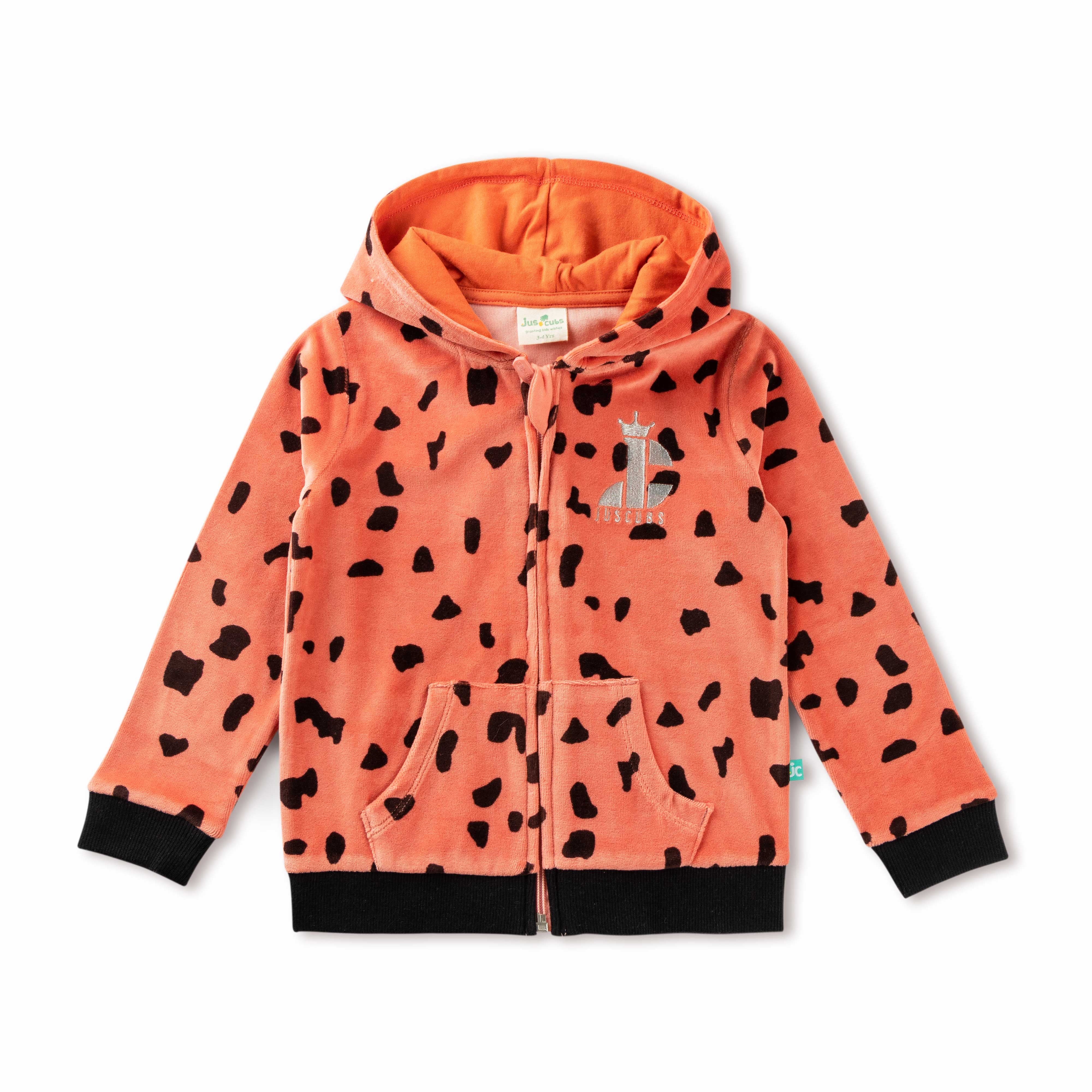 "Girls' Animal Print Hoodie & Jogger Set – Orange with Black Spots & Giraffe Patch"