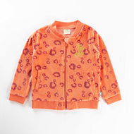 "Girls' Zip-Up Fleece Jacket – Orange Full Sleeve Leopard Print with Giraffe Embroidery"