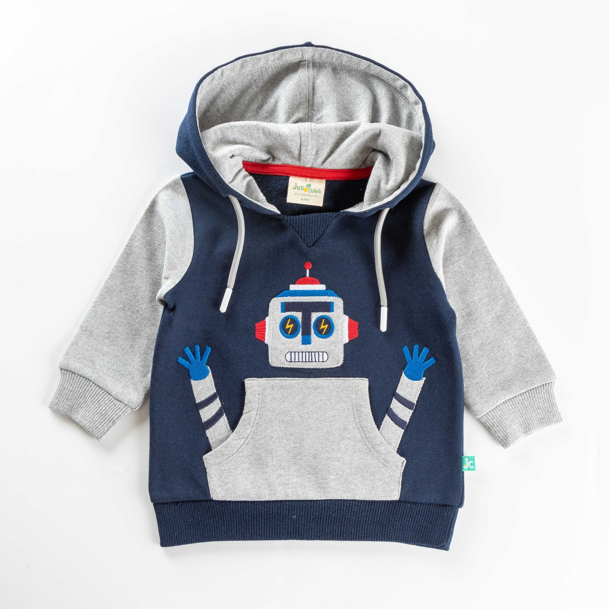 Boys' Robot Design Hoodie – Grey & Navy Blue Pullover with Kangaroo Pocket