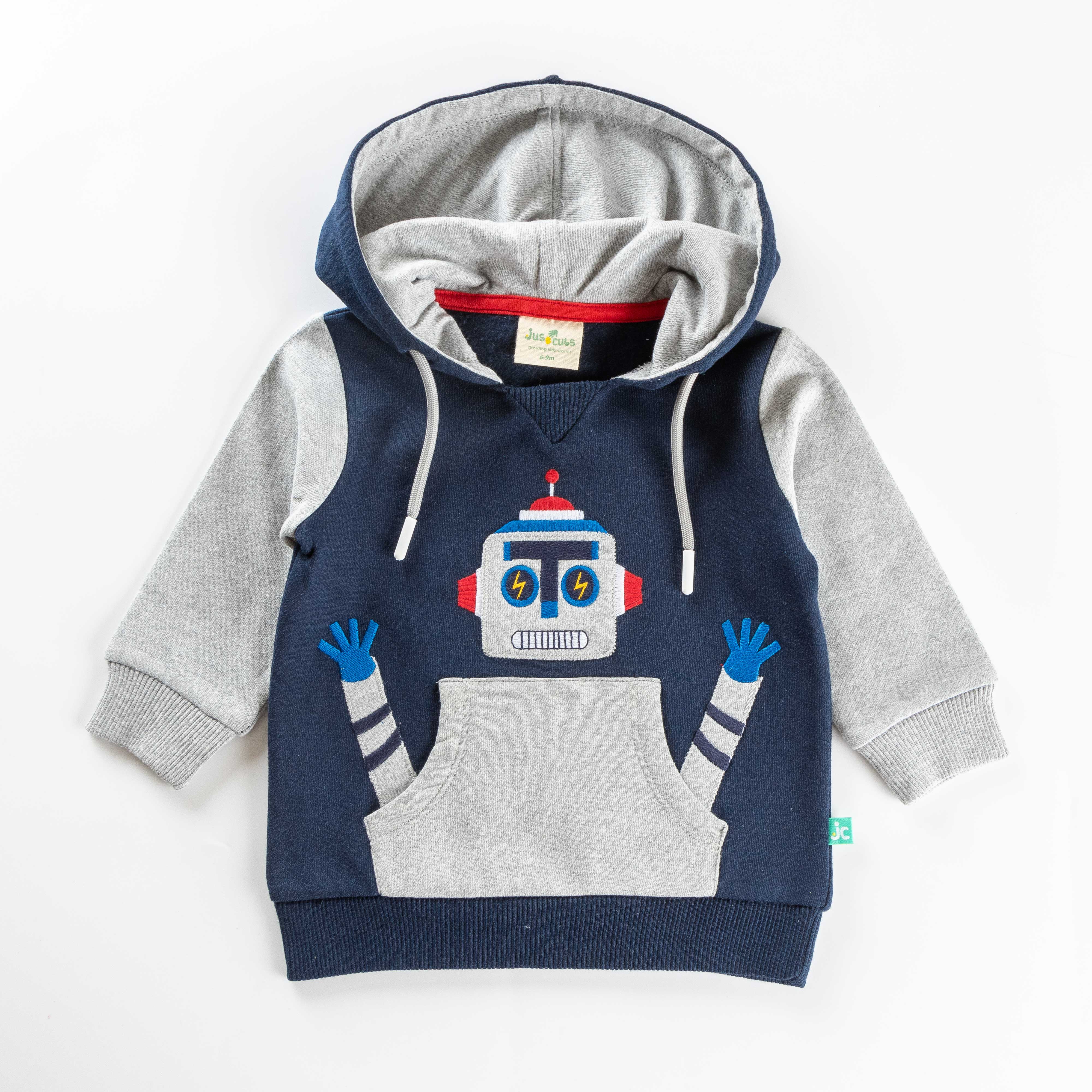 Boys' Robot Design Hoodie – Grey & Navy Blue Pullover with Kangaroo Pocket