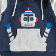 Boys' Robot Design Hoodie – Grey & Navy Blue Pullover with Kangaroo Pocket