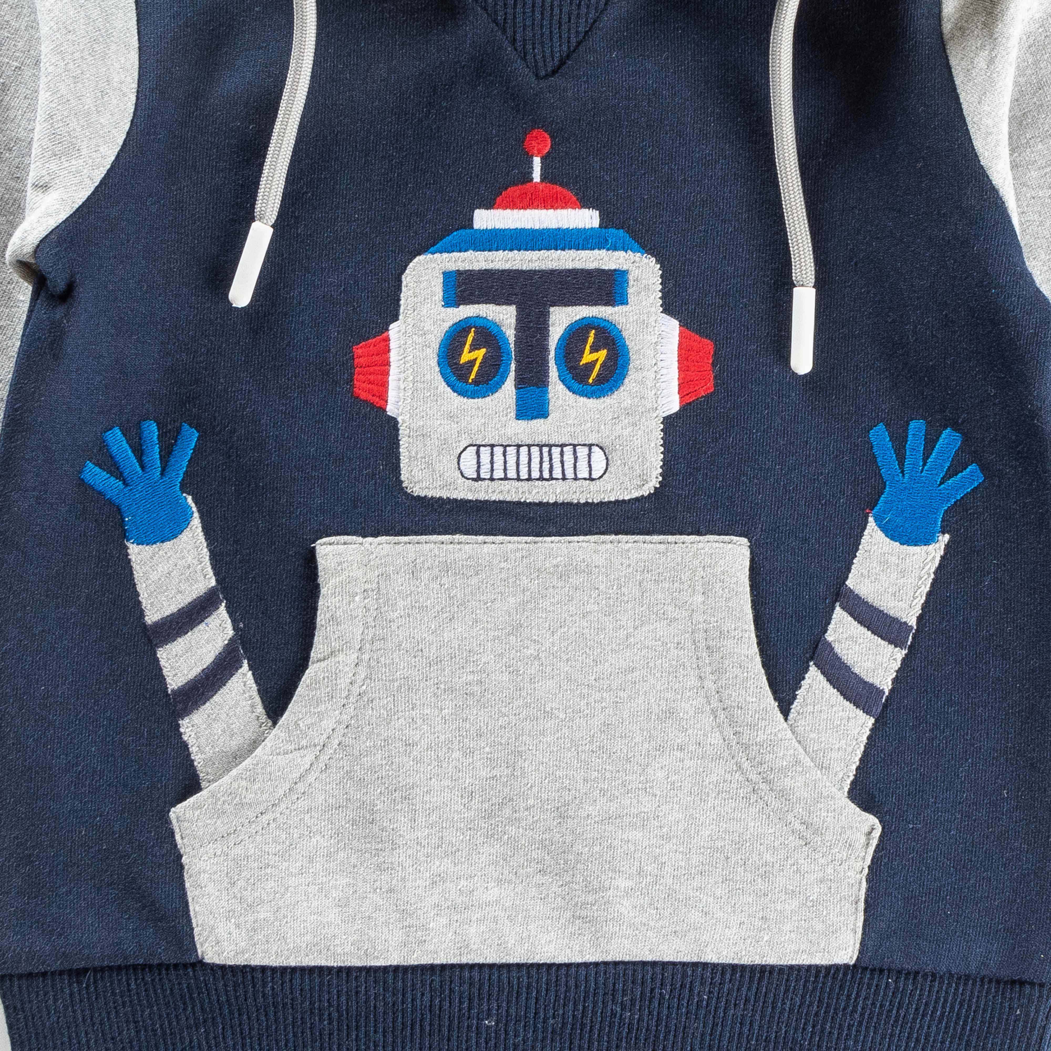 Boys' Robot Design Hoodie – Grey & Navy Blue Pullover with Kangaroo Pocket