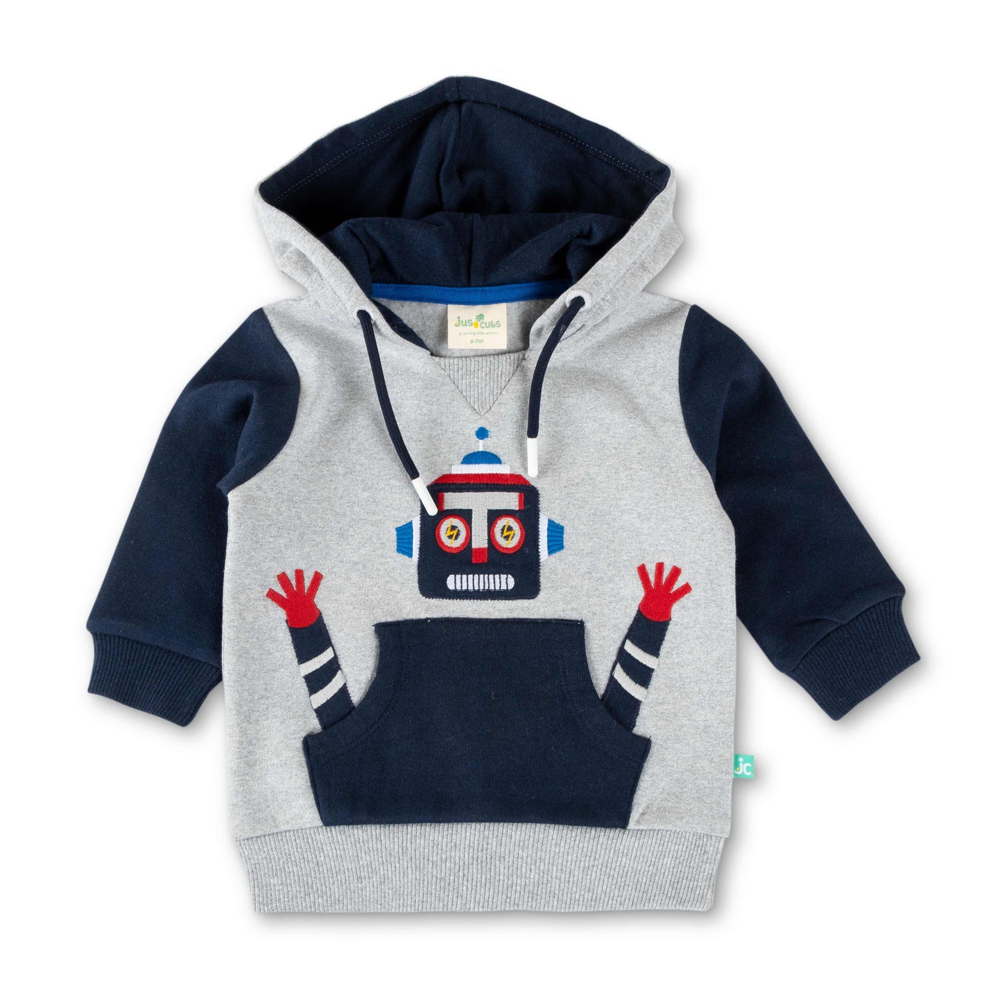 Boys' Robot Design Hoodie – Grey & Navy Blue Pullover with Kangaroo Pocket