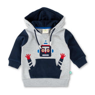 Boys' Robot Design Hoodie – Grey & Navy Blue Pullover with Kangaroo Pocket