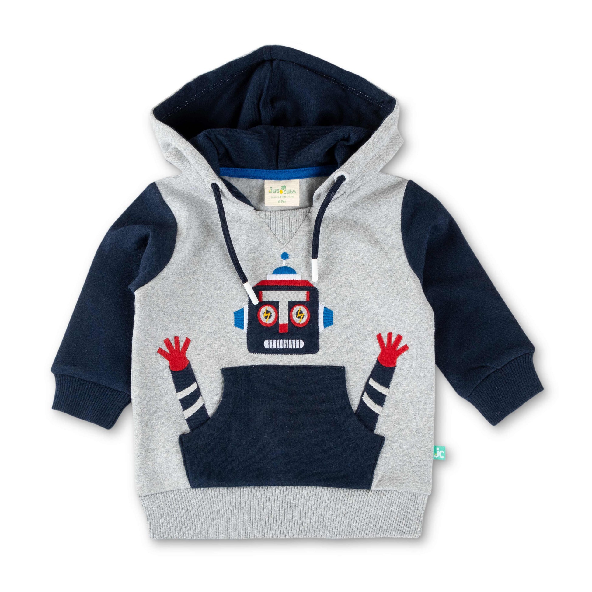 Boys' Robot Design Hoodie – Grey & Navy Blue Pullover with Kangaroo Pocket