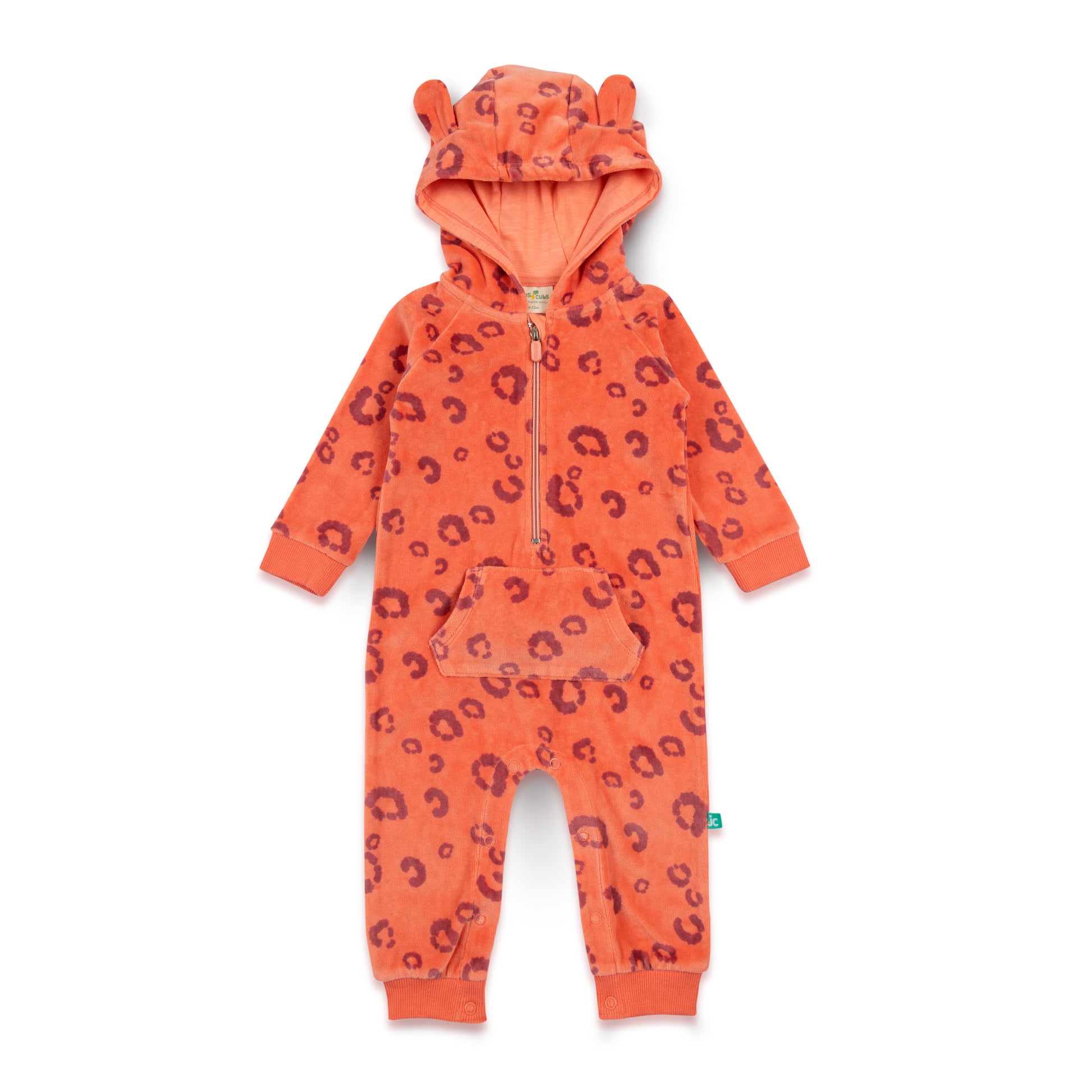"Baby Girls Fleece Hooded Romper with Animal Ears – Orange Leopard Print"