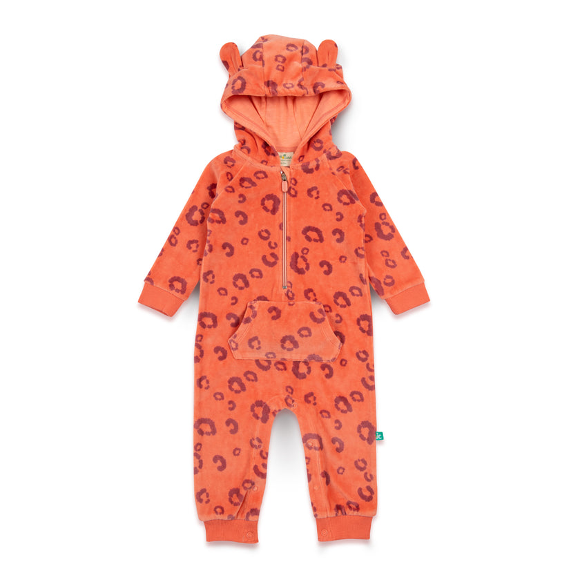 "Baby Girls Fleece Hooded Romper with Animal Ears – Orange Leopard Print"