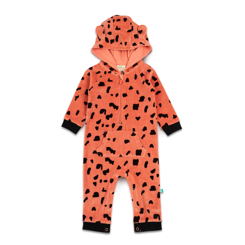 Baby Girls Animal Print Hooded Romper – Coral Fleece Jumpsuit with Ears & Front Pocket