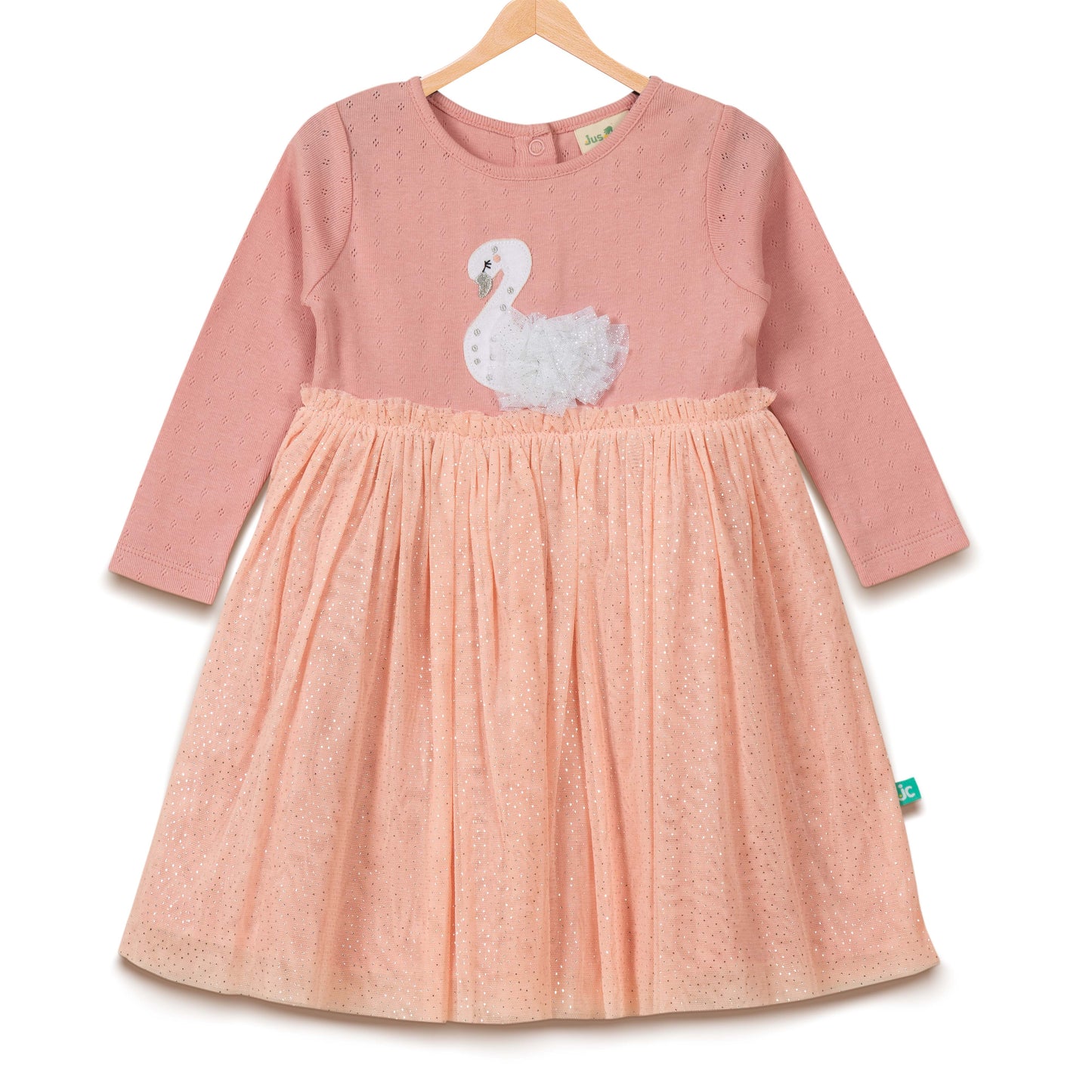 Baby Girls' Long Sleeve Party Dress – Pink Swan Appliqué with Glitter Tulle Skirt