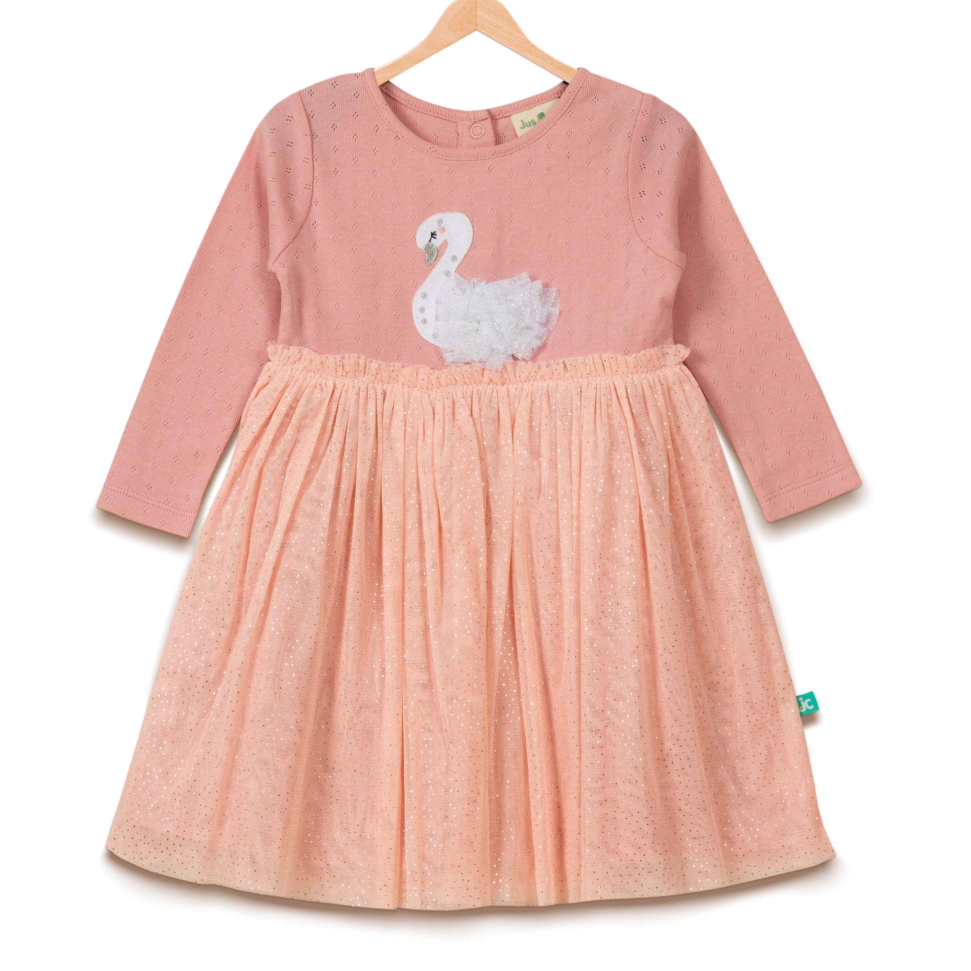 Baby Girls' Long Sleeve Party Dress – Pink Swan Appliqué with Glitter Tulle Skirt