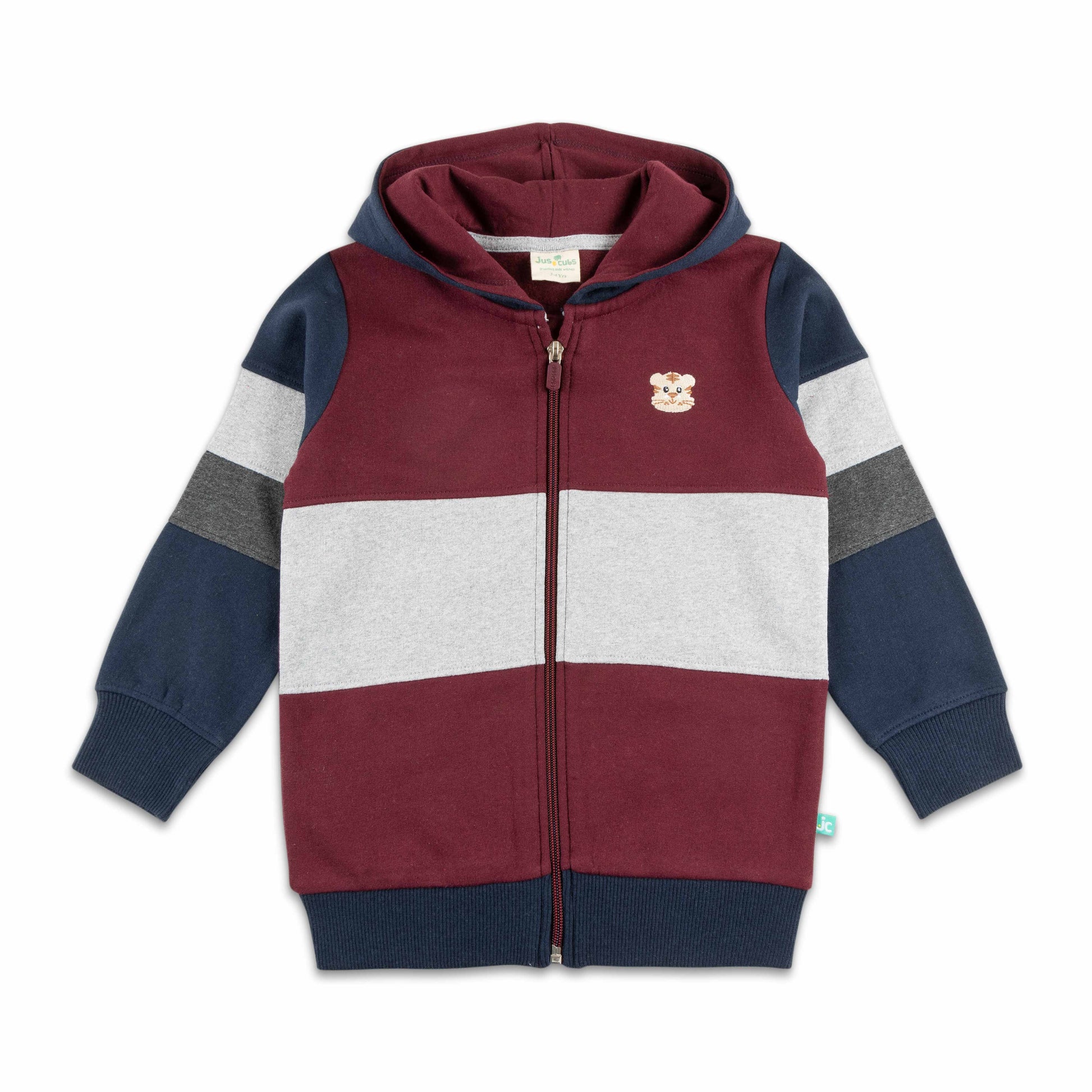 "Boys' Maroon, Navy and Grey Colorblock Hoodie with Bear Patch and Zip Closure"