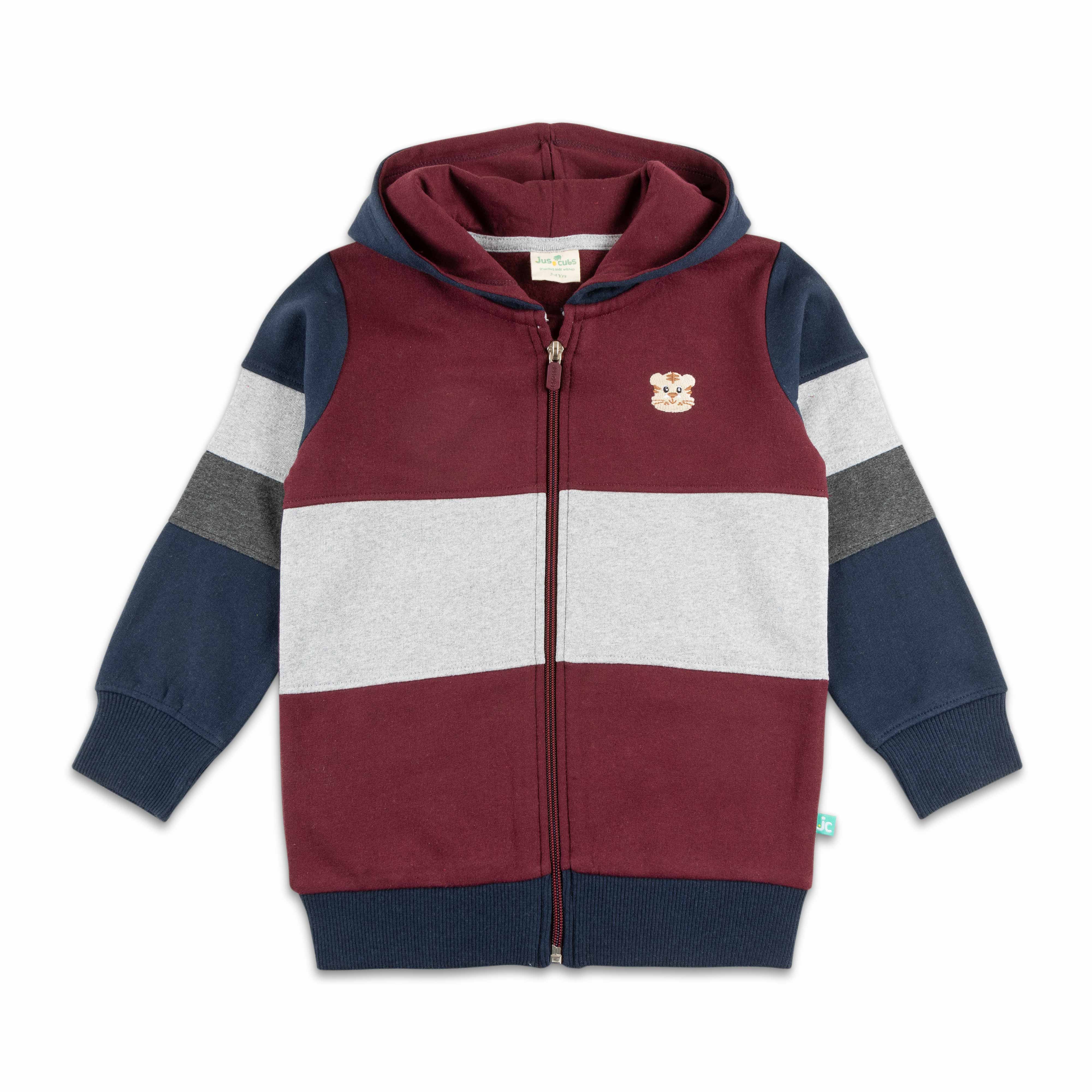 "Boys' Maroon, Navy and Grey Colorblock Hoodie with Bear Patch and Zip Closure"