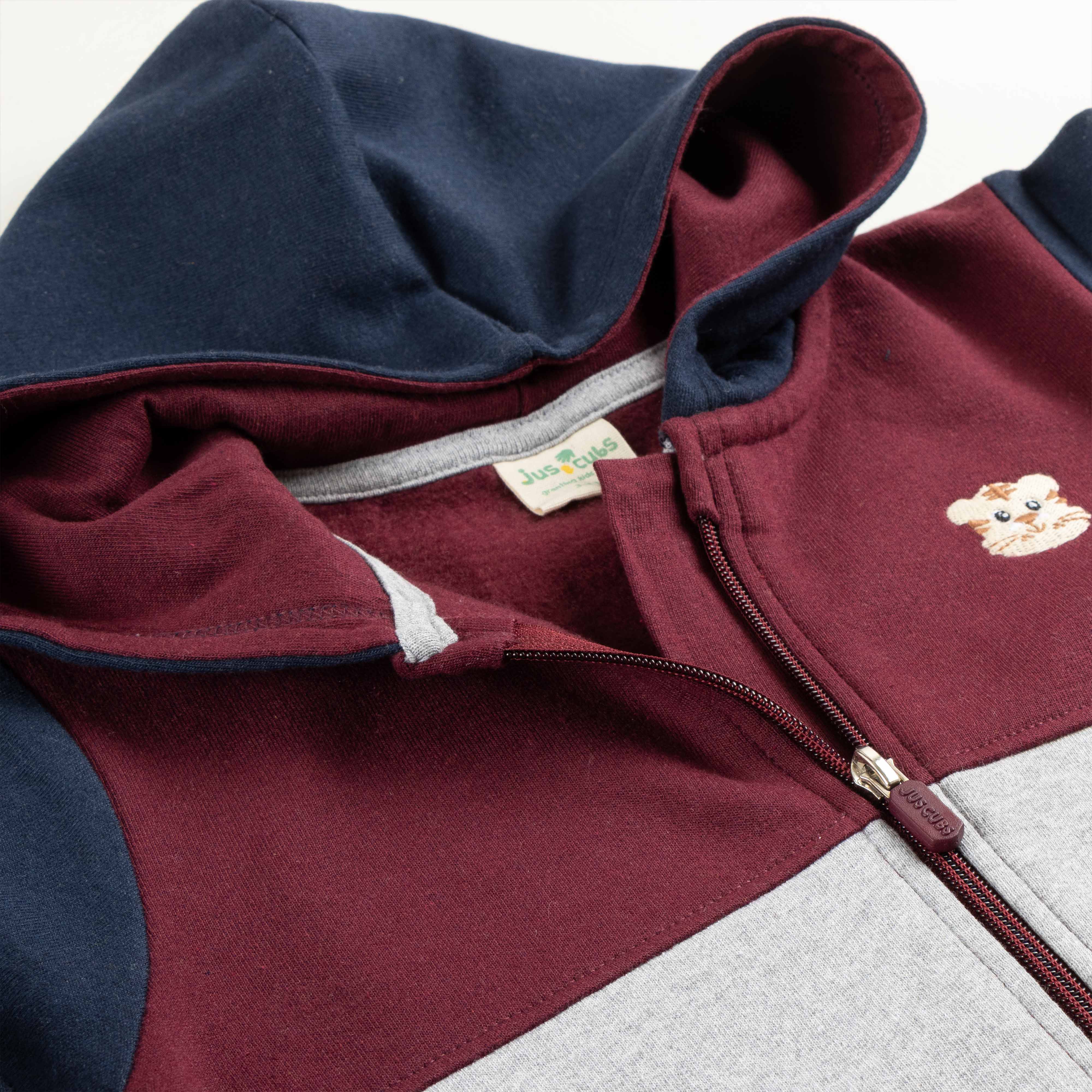 "Boys' Maroon, Navy and Grey Colorblock Hoodie with Bear Patch and Zip Closure"