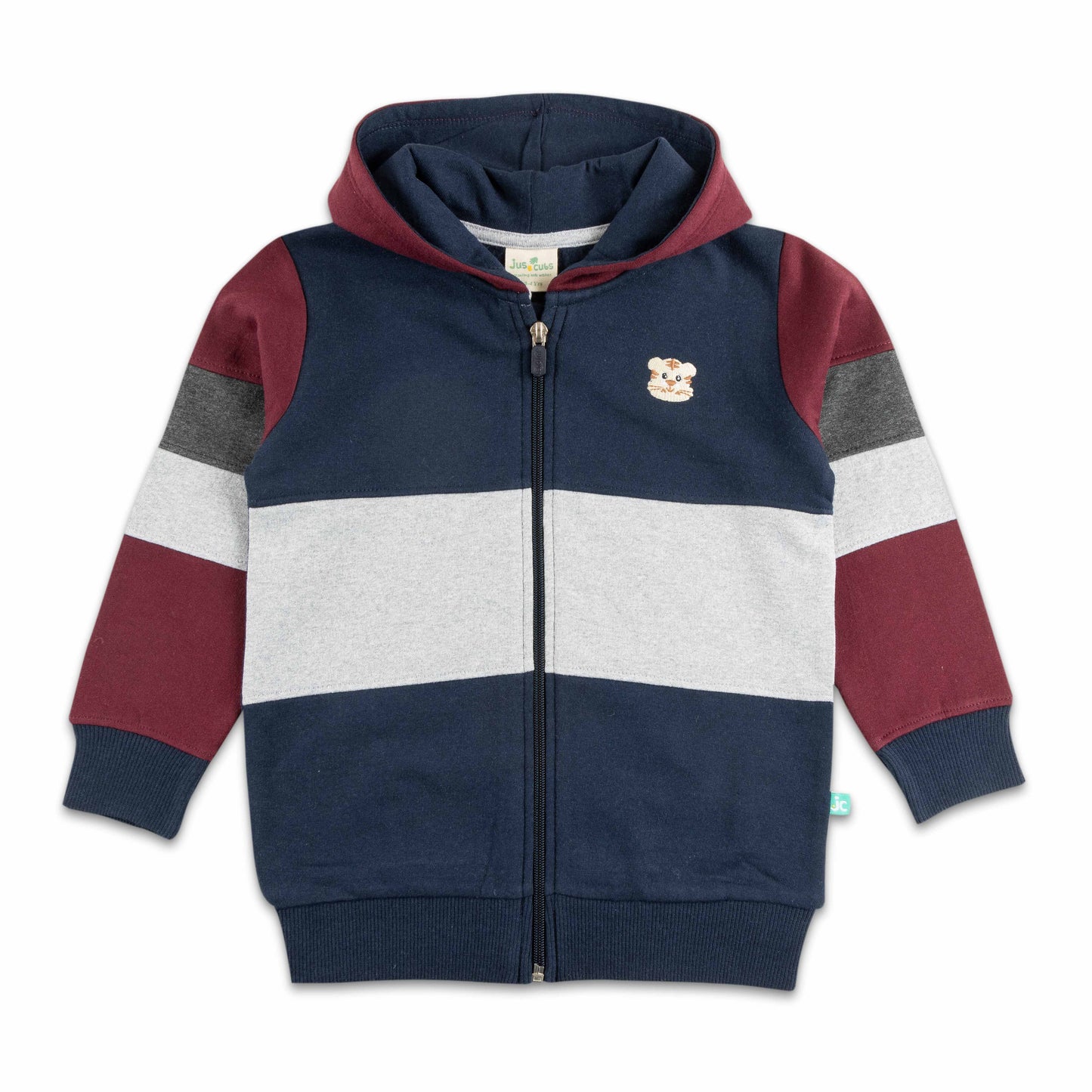 "Boys' Maroon, Navy and Grey Colorblock Hoodie with Bear Patch and Zip Closure"