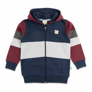"Boys' Maroon, Navy and Grey Colorblock Hoodie with Bear Patch and Zip Closure"
