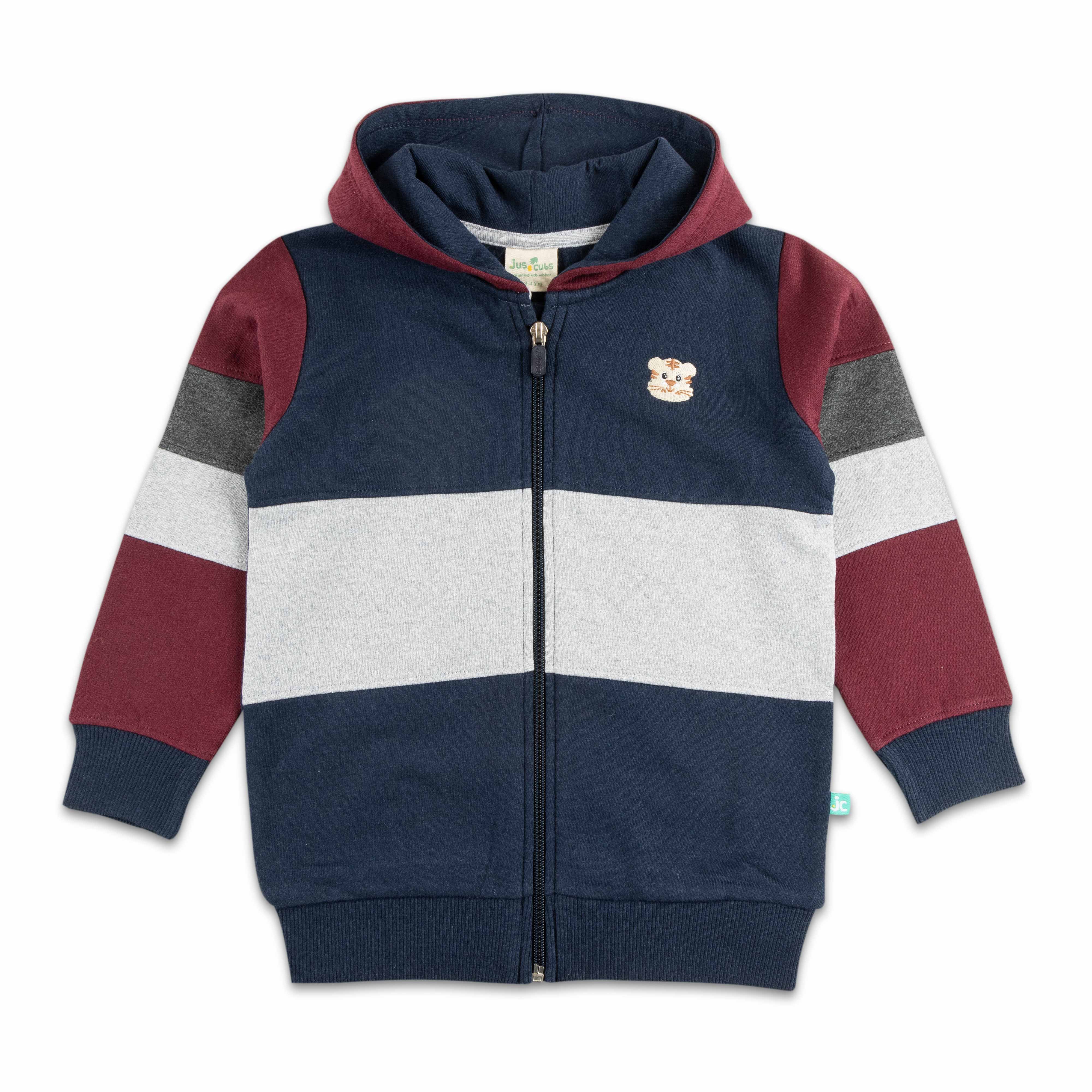 "Boys' Maroon, Navy and Grey Colorblock Hoodie with Bear Patch and Zip Closure"
