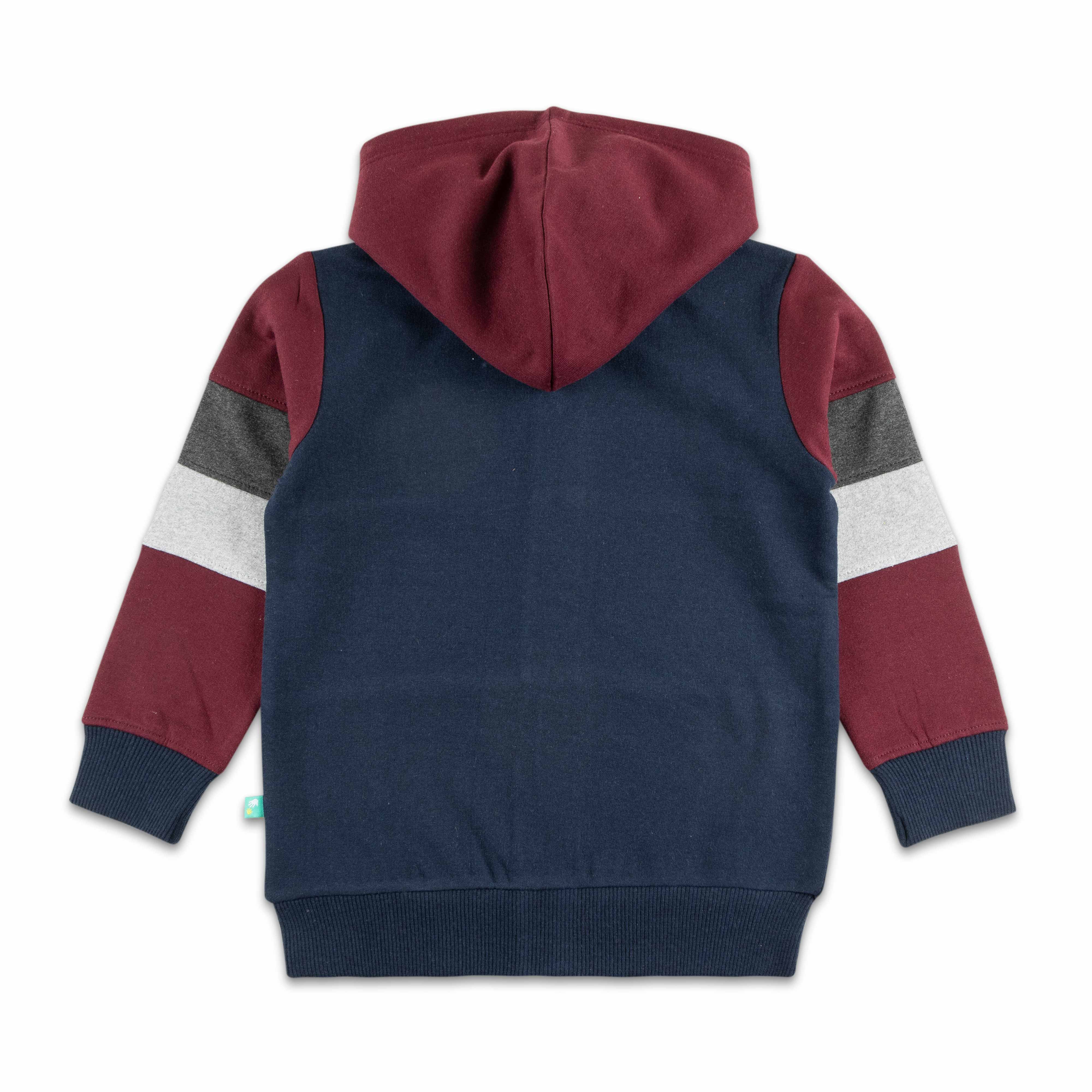"Boys' Maroon, Navy and Grey Colorblock Hoodie with Bear Patch and Zip Closure"