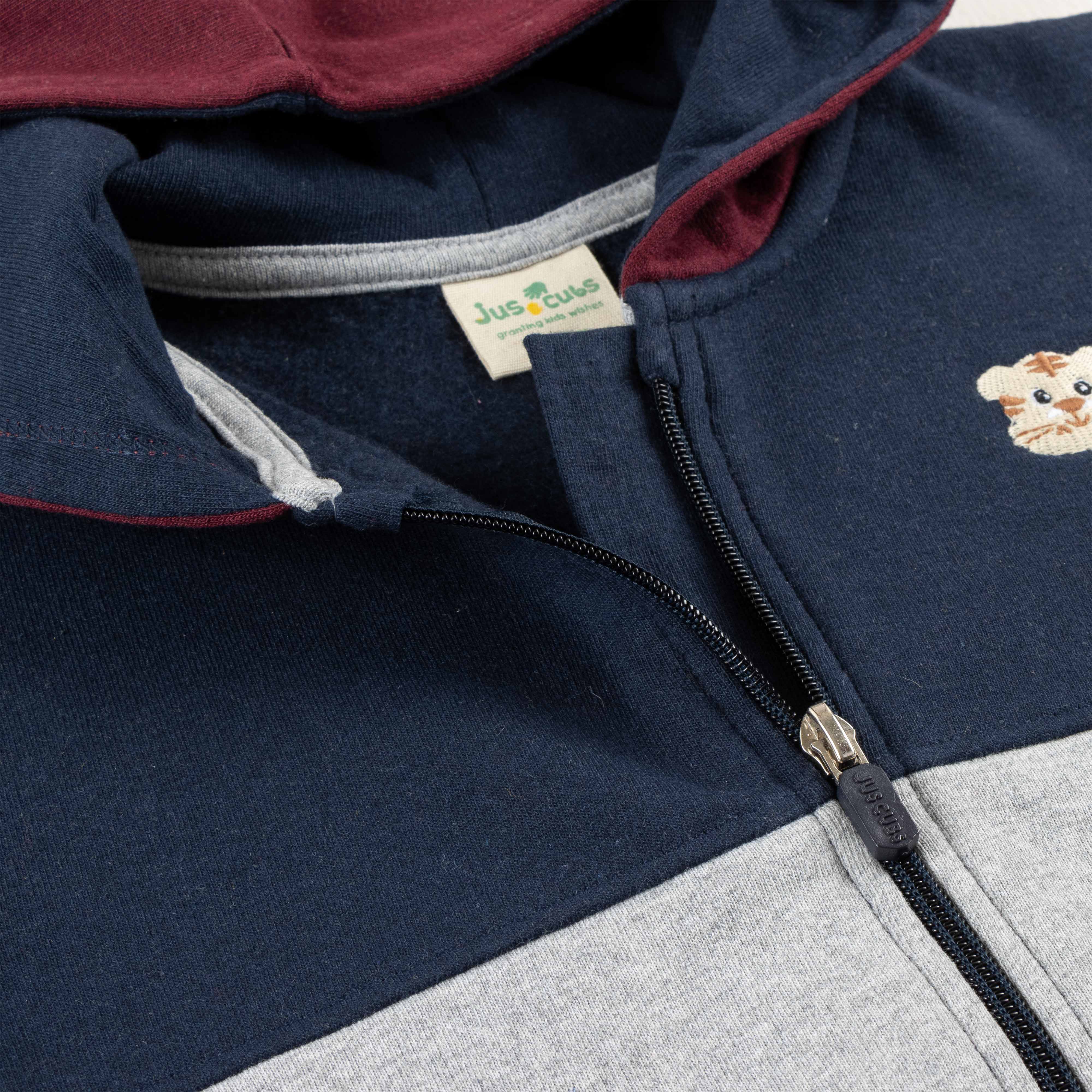 "Boys' Maroon, Navy and Grey Colorblock Hoodie with Bear Patch and Zip Closure"