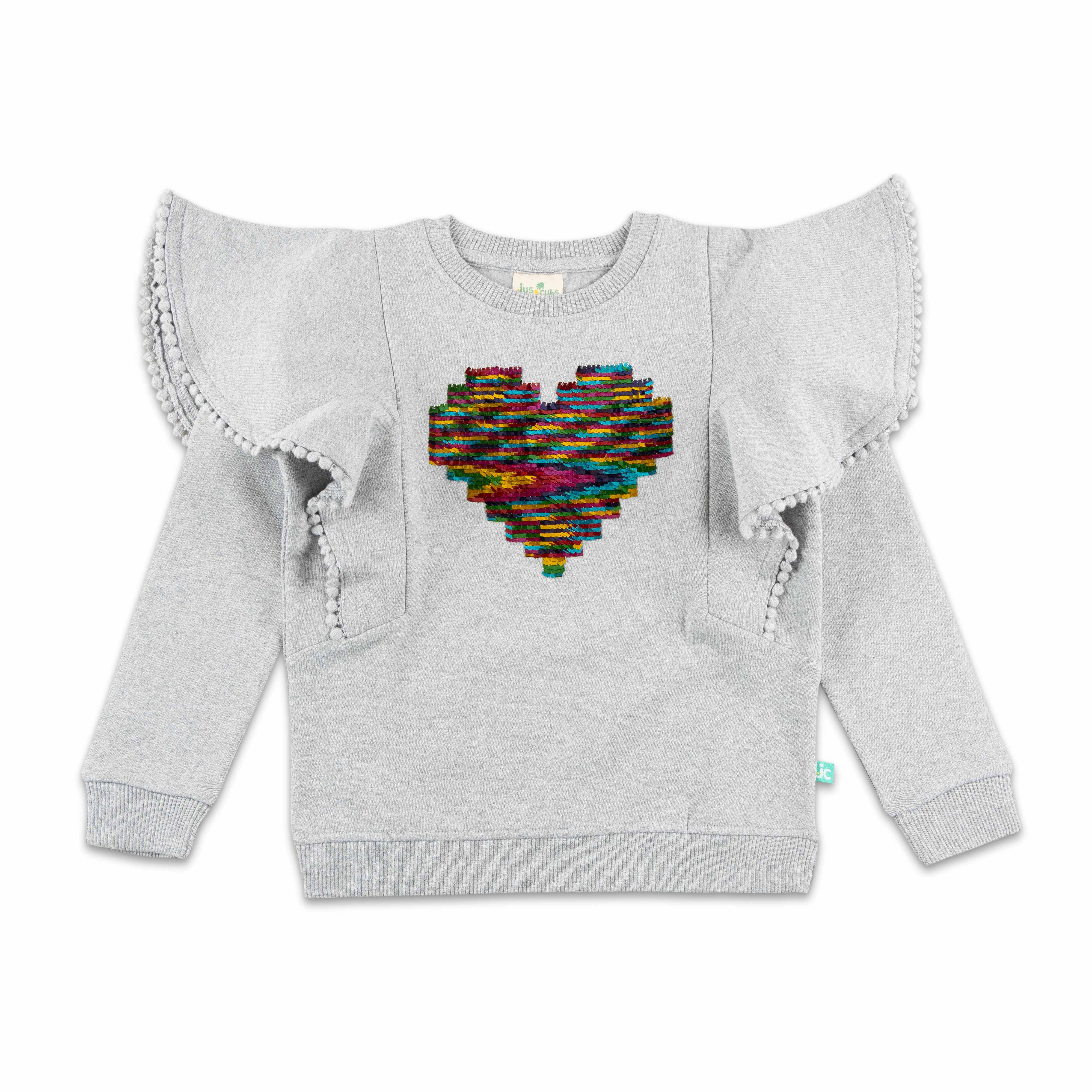 "Girls'  Sweatshirt with Colorful Sequin Heart and Ruffle Sleeves"