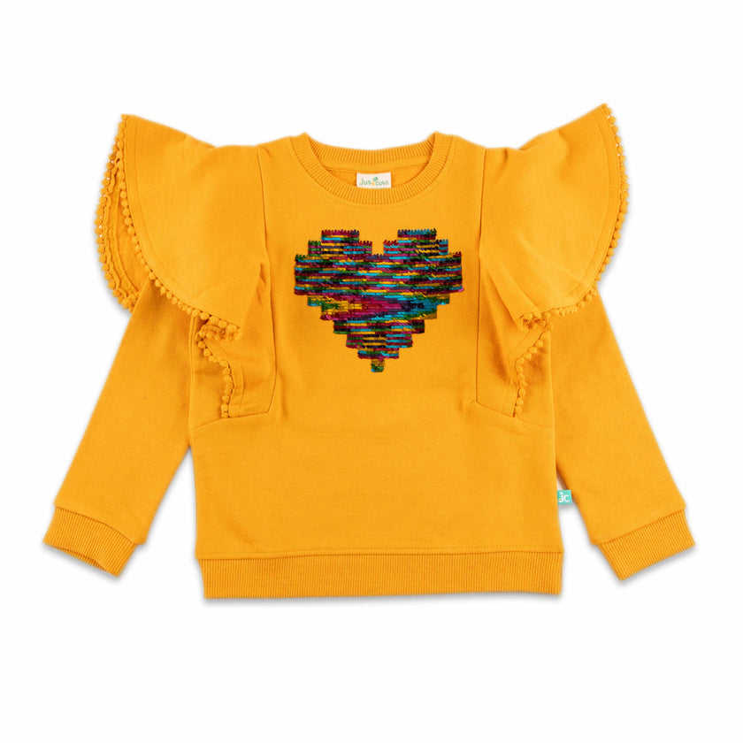 "Girls'  Sweatshirt with Colorful Sequin Heart and Ruffle Sleeves"