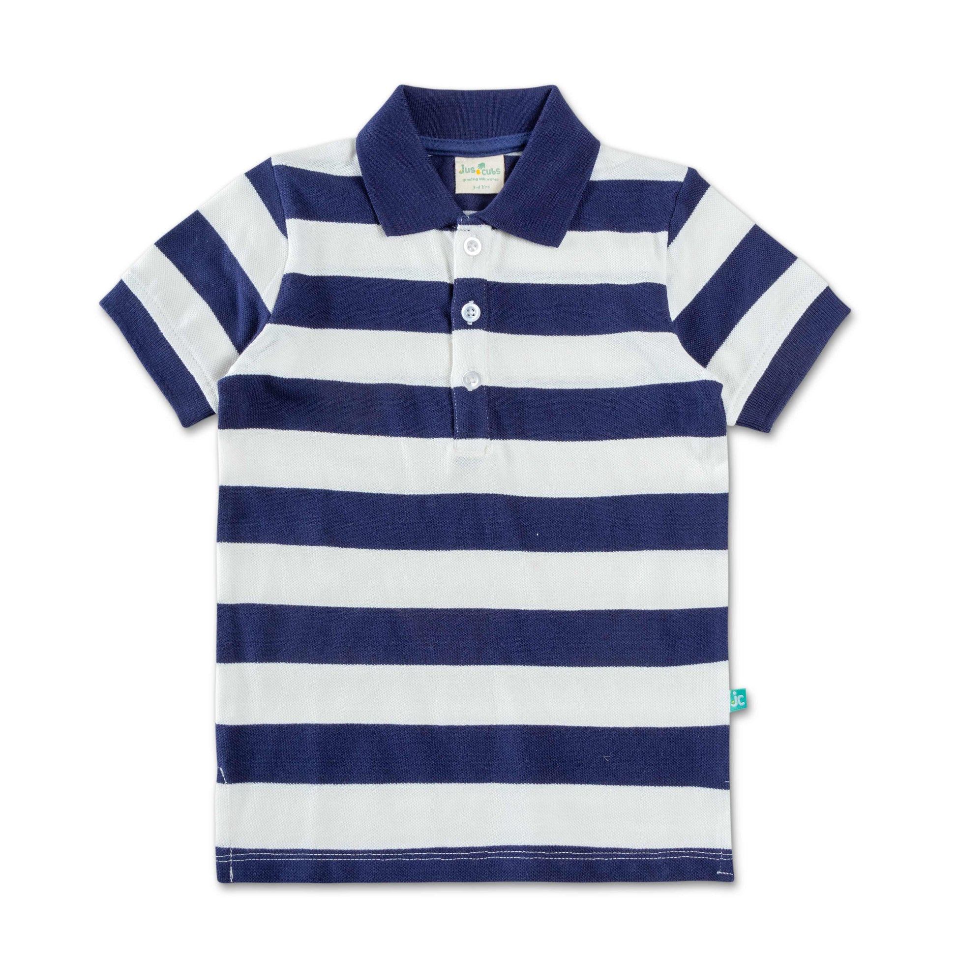 "Boys' Striped Polo T-Shirt – Navy Blue & White, Short Sleeves"