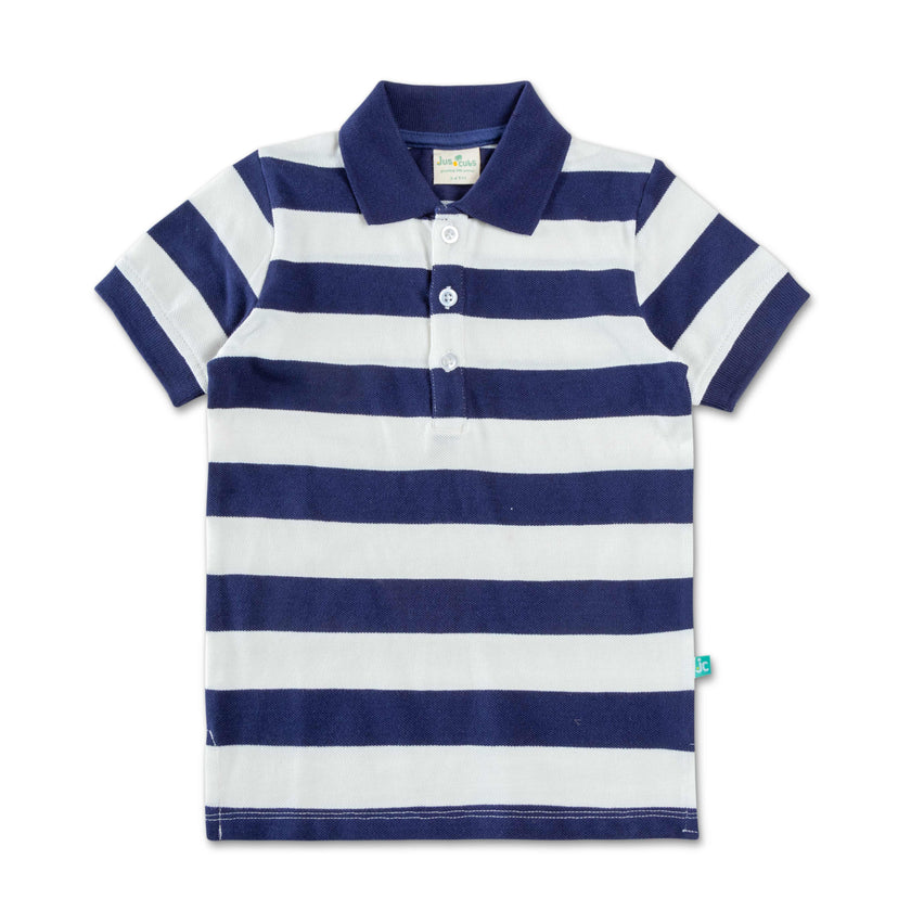 "Boys' Striped Polo T-Shirt – Navy Blue & White, Short Sleeves"