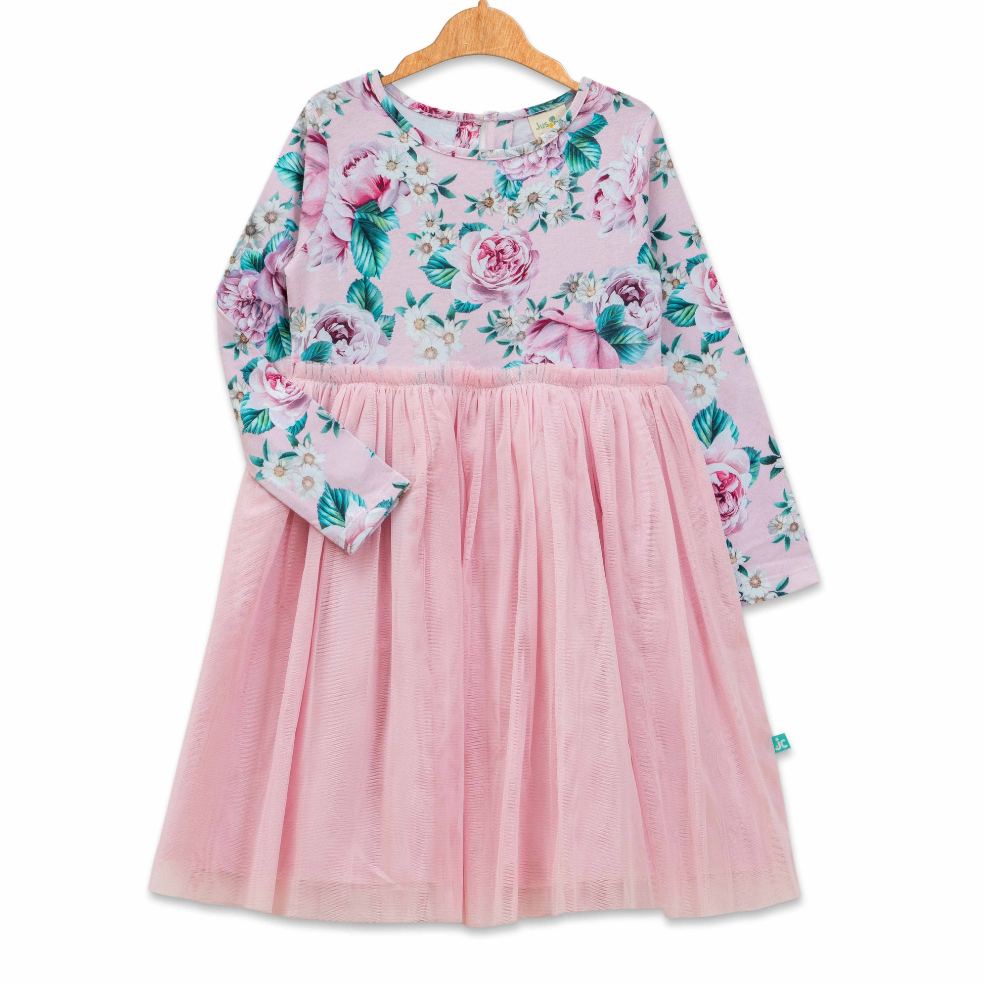 "Girls' Floral Long Sleeve Tulle Dress - Pink & Rose Print"