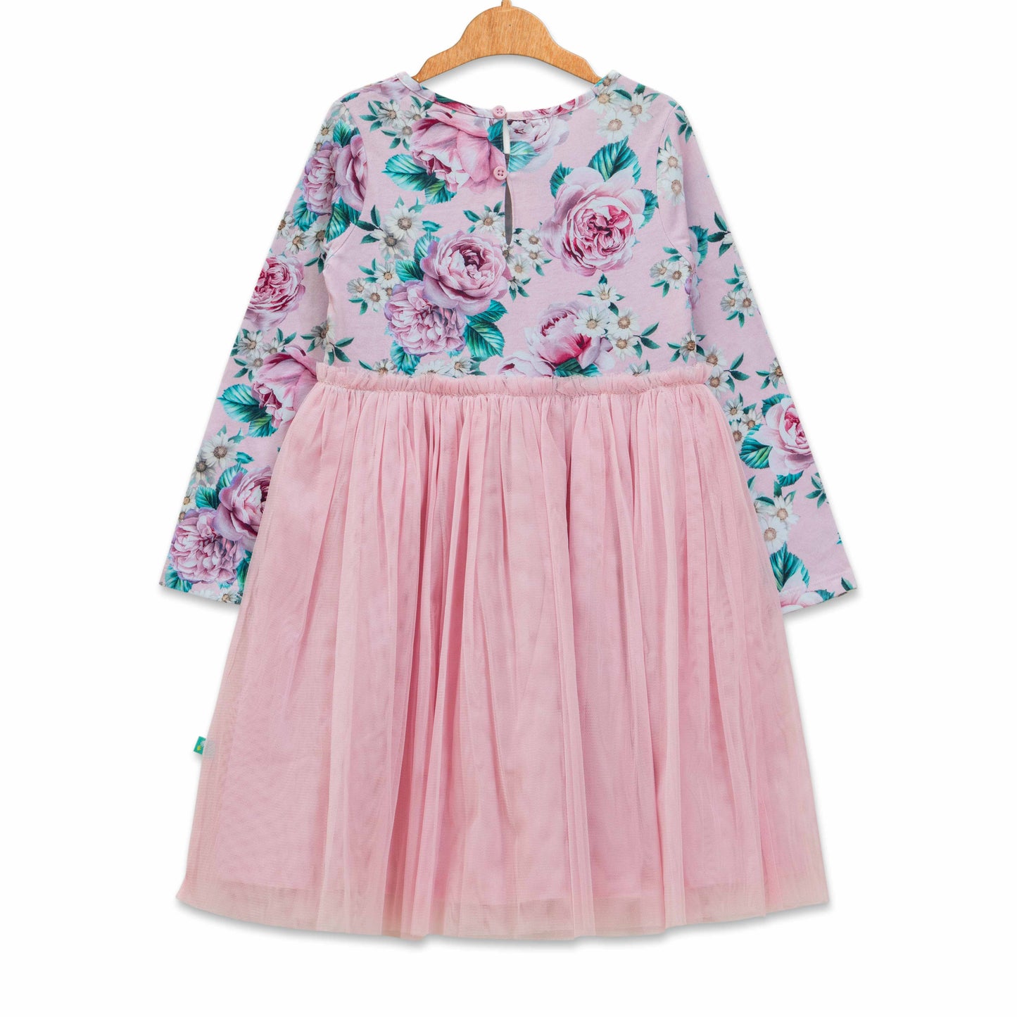 "Girls' Floral Long Sleeve Tulle Dress - Pink & Rose Print"