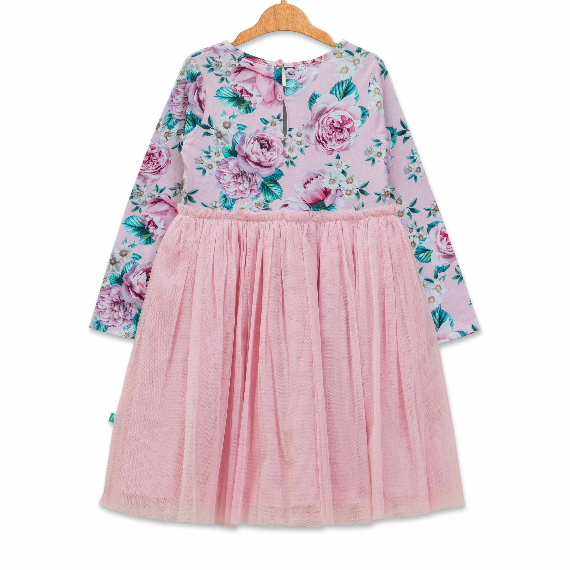 "Girls' Floral Long Sleeve Tulle Dress - Pink & Rose Print"