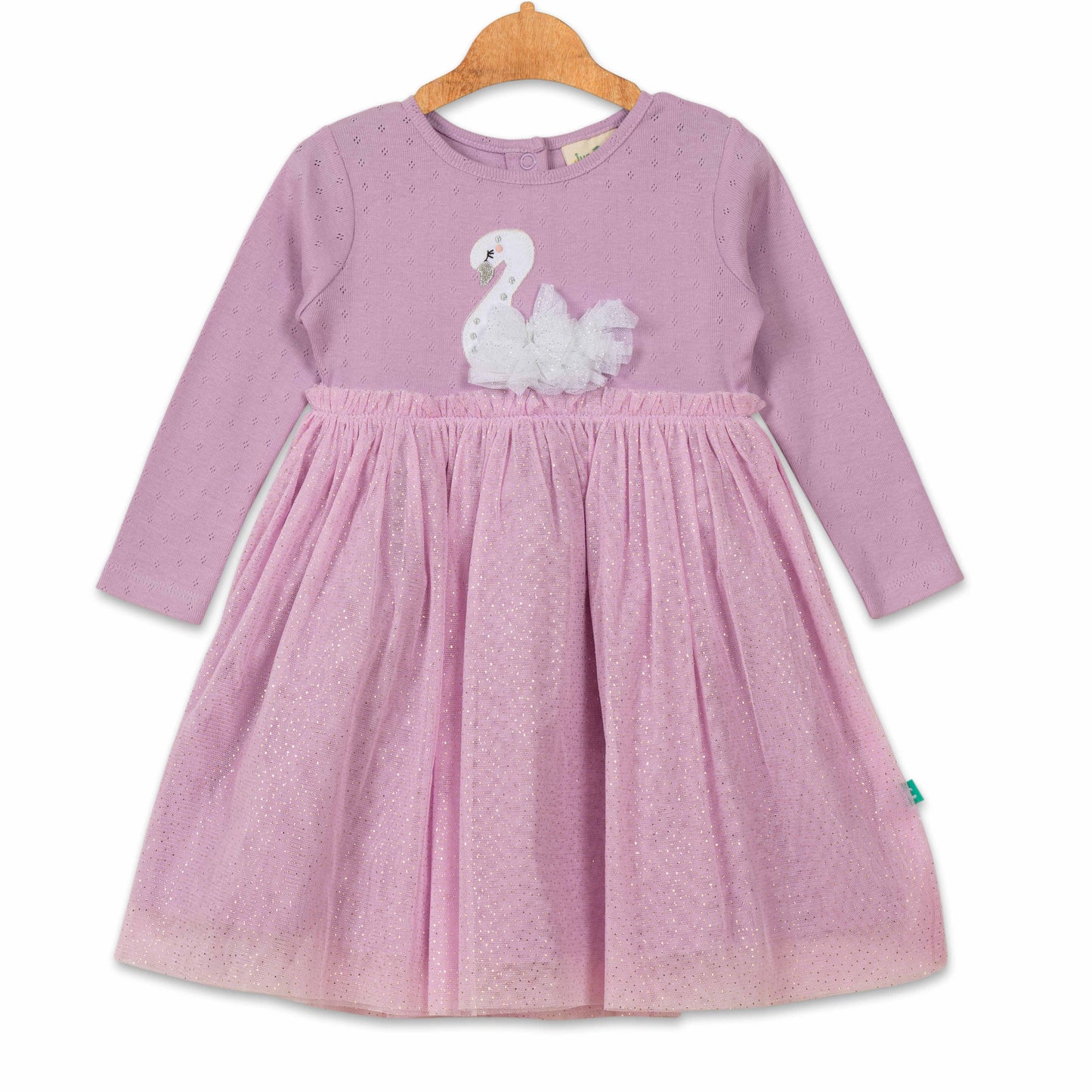 Baby Girls' Long Sleeve Party Dress – Pink Swan Appliqué with Glitter Tulle Skirt