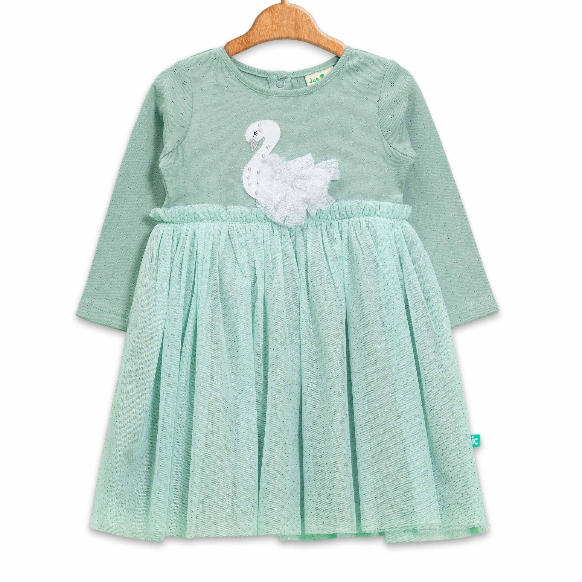 Baby Girls' Long Sleeve Party Dress – Pink Swan Appliqué with Glitter Tulle Skirt